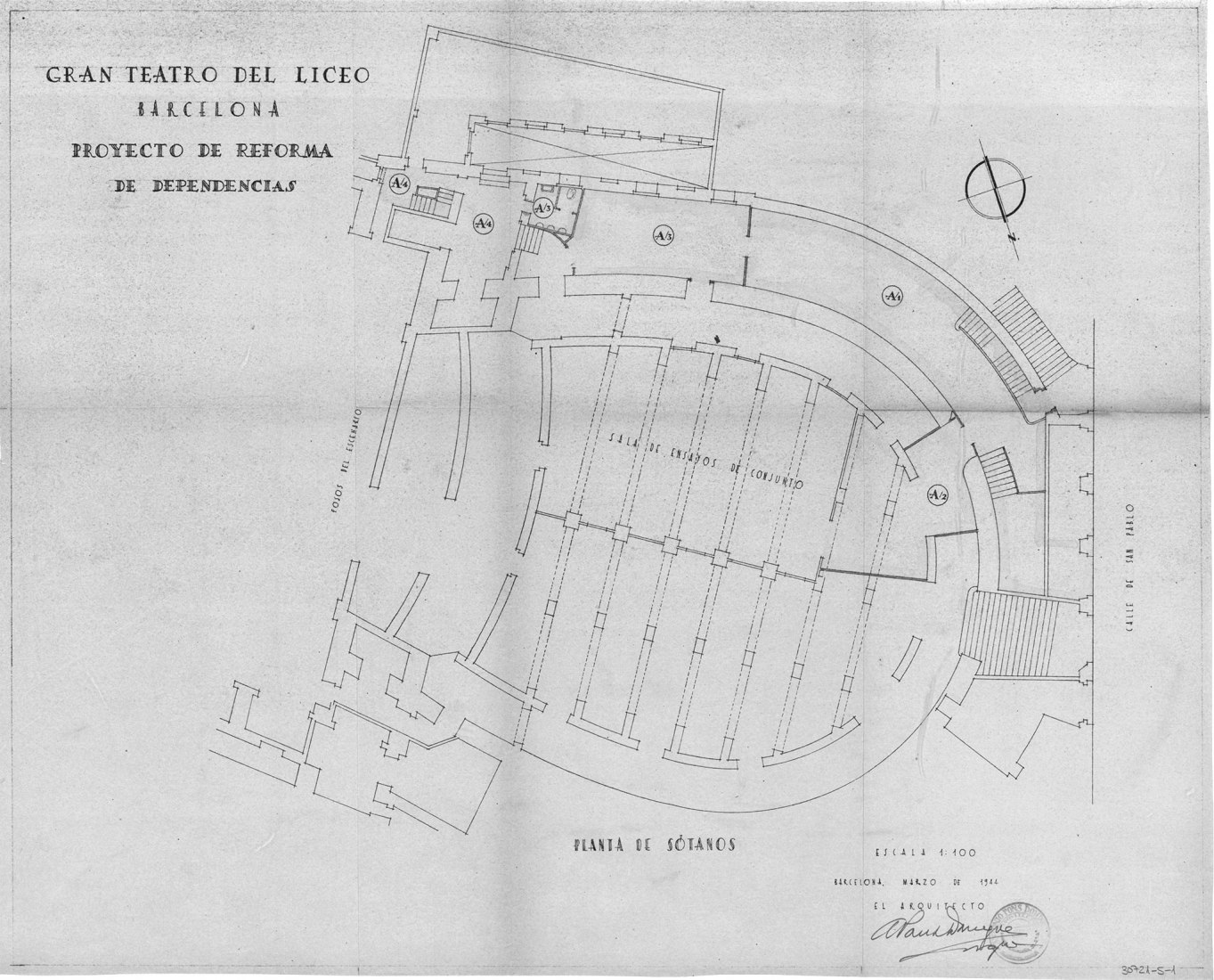 Basement floor plan. Reform project of dependencies of 1944, Gran Teatro del Liceo de Barcelona. Courtesy digital deposit of documents of the UAB