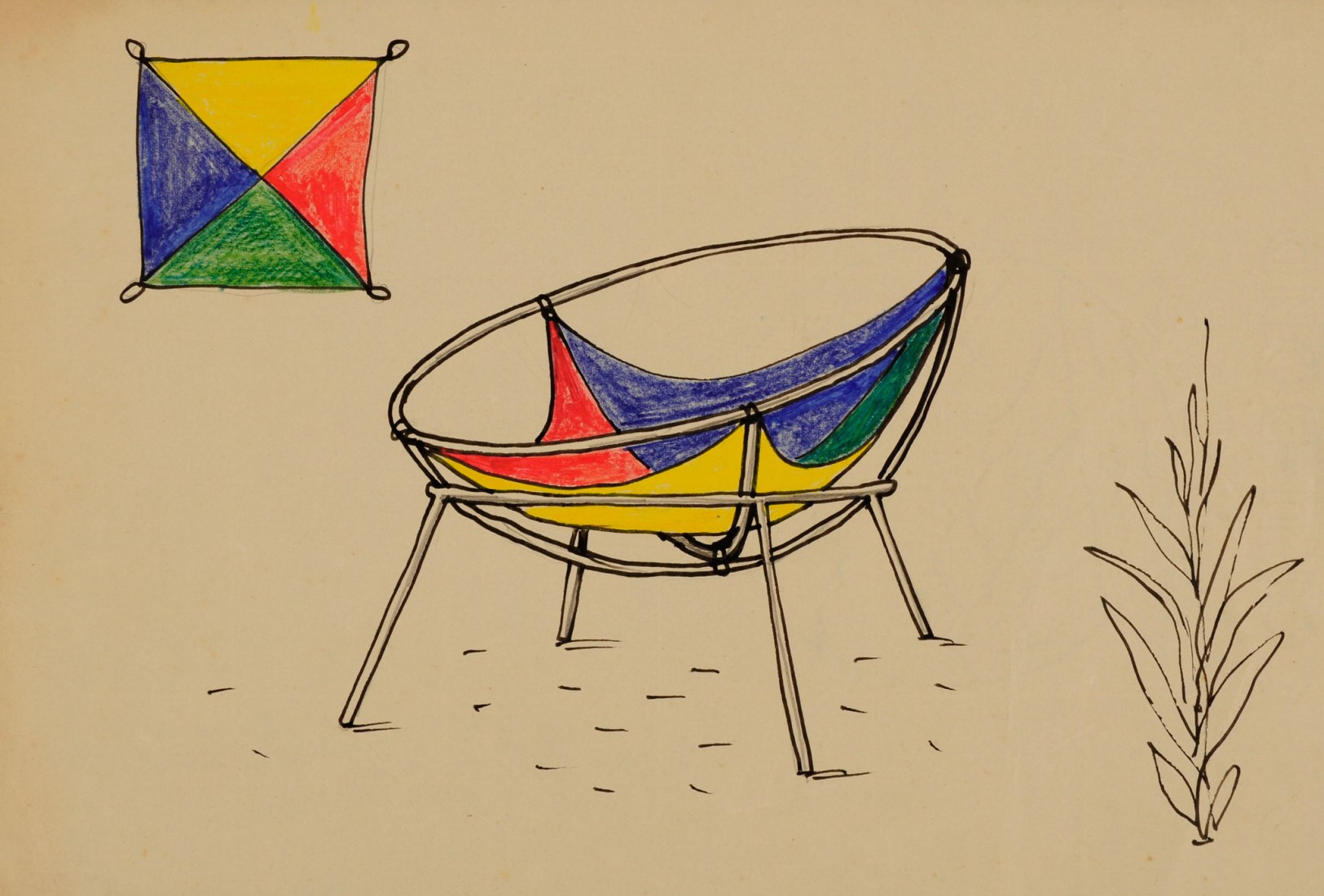 Lina Bo Bardi, Proyecto para una versión del sillón "Bardi's Bowl", 1951. Lápiz, tinta china y tiza en papel offset 21.4x31.4 cm. Instituto Lina Bo y P.M. Bardi, Sao Paulo [Inv.:022ARQd0040] © Instituto Bardi / Casa de Vidro / Fotografía de Henrique Luz