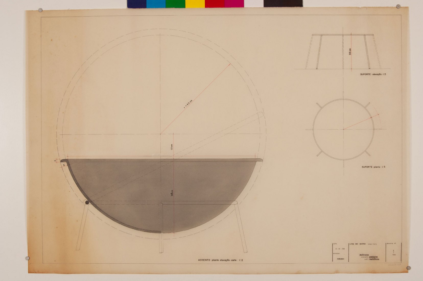 Plans, section and elevation of the Bardi's Bowl. Image courtesy of Instituto Bardi/Casa de Vidro.