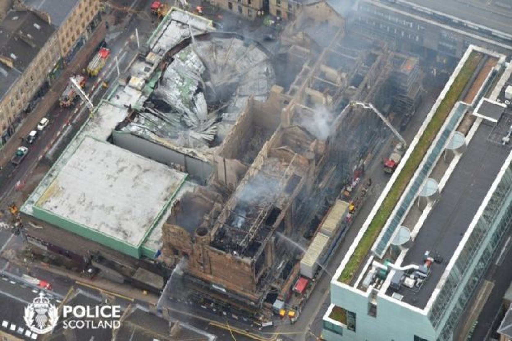 The Art School building and those around it are devastated as a result of the fire. Photograph courtesy of Police Scotland.