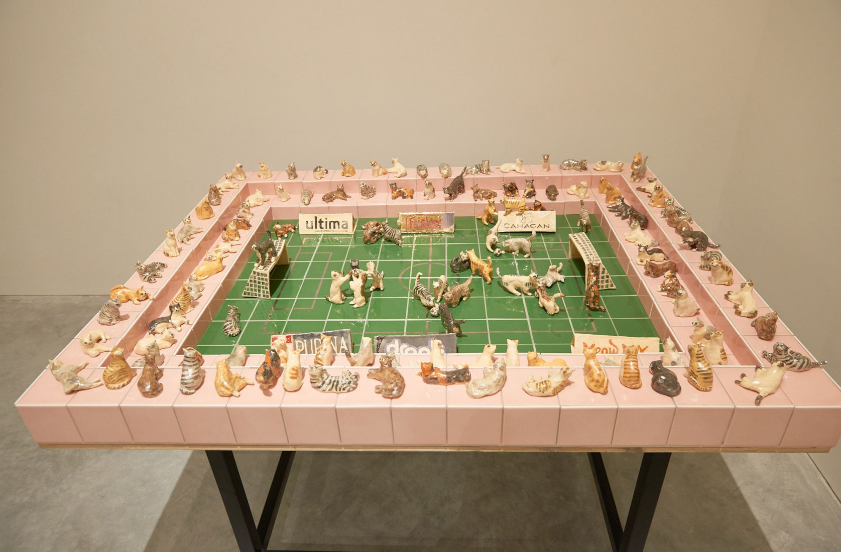 Nobuaki Takekawa (b. 1977). Cat Olympics: Soccer Field, 2017. Ceramic, wood, metal, ceramic tile, glass tile 31.5’’ x 47.8’’ x 50’’ (80 x 121.5 x 151 cm) © Nobuaki Takekawa. Courtesy of Ota Fine Arts.