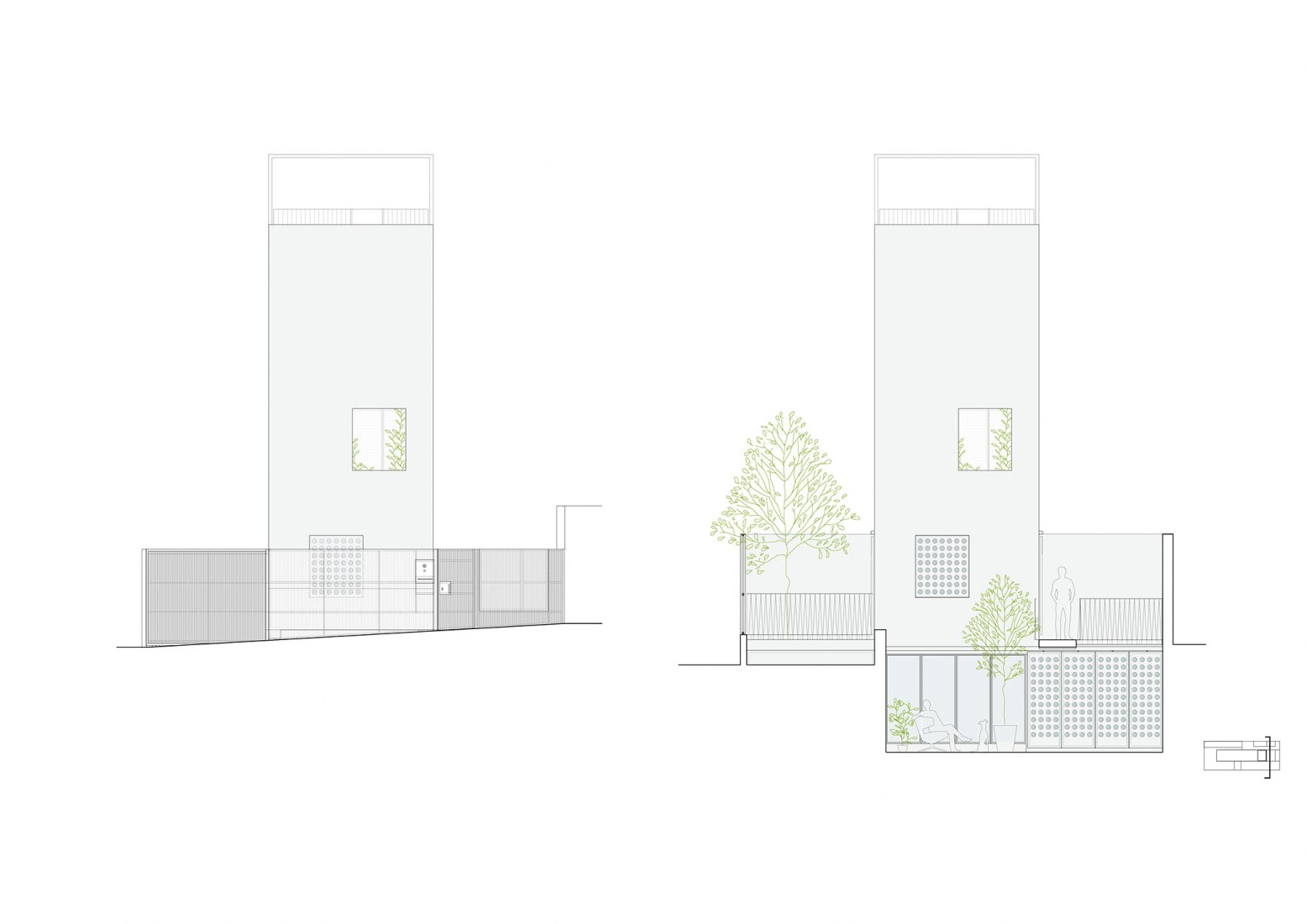 Main elevation to the street and Section through the courtyard. Galgo House by Murado & Elvira Arquitectos.