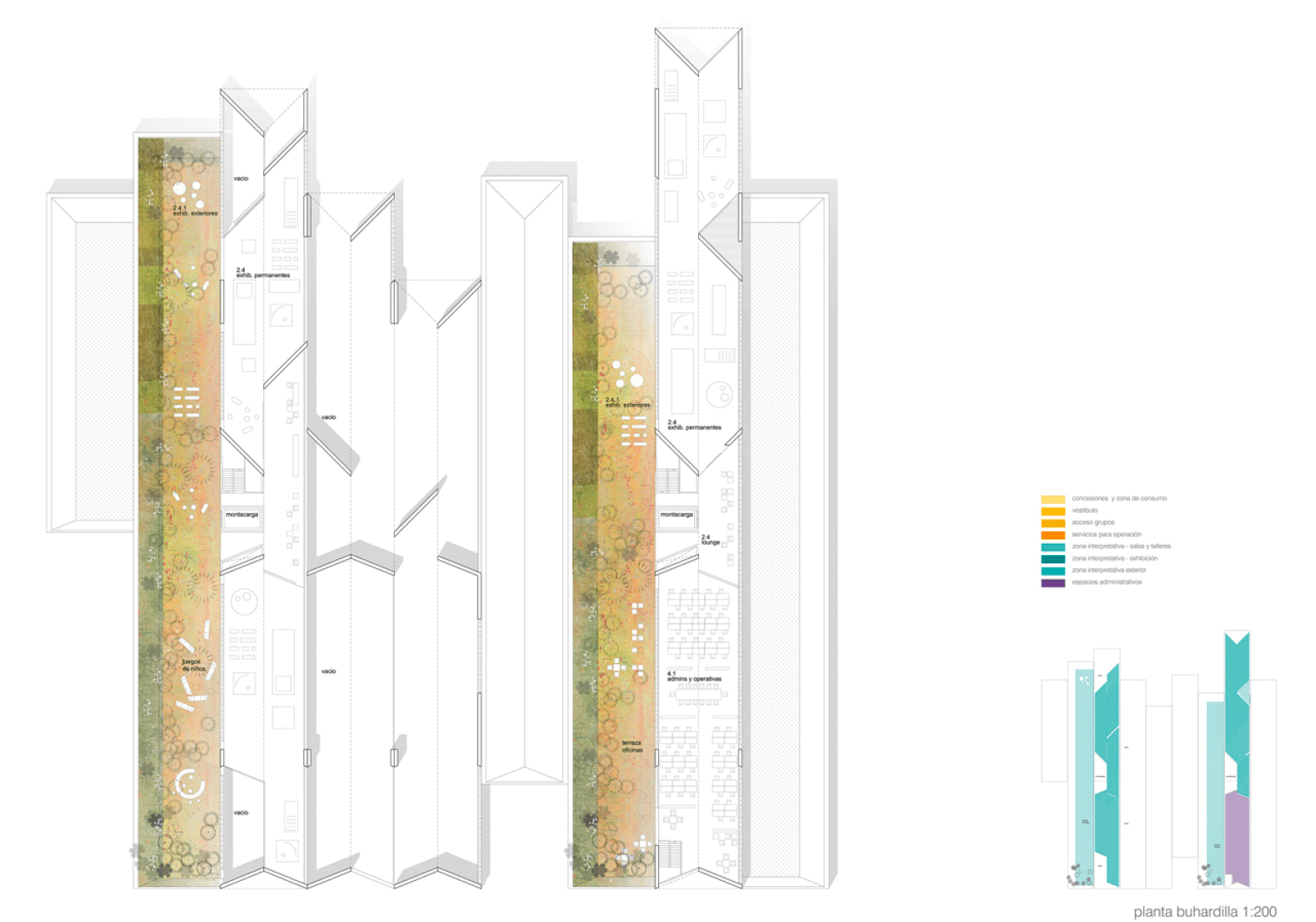 Attic floor plan. MX_SI and SPRB winners for competition for Papalote Museo del Niño in Mexico.