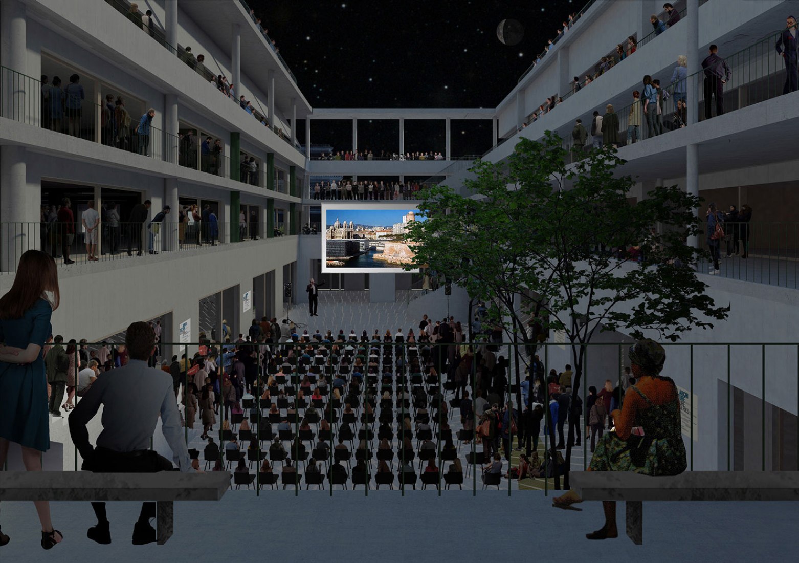 Vista nocturna. Patio interior. Instituto Mediterráneo de Ciudades y Territorios en Marsella por NP2F Architectes. Imagen cortesía de NP2F Architectes