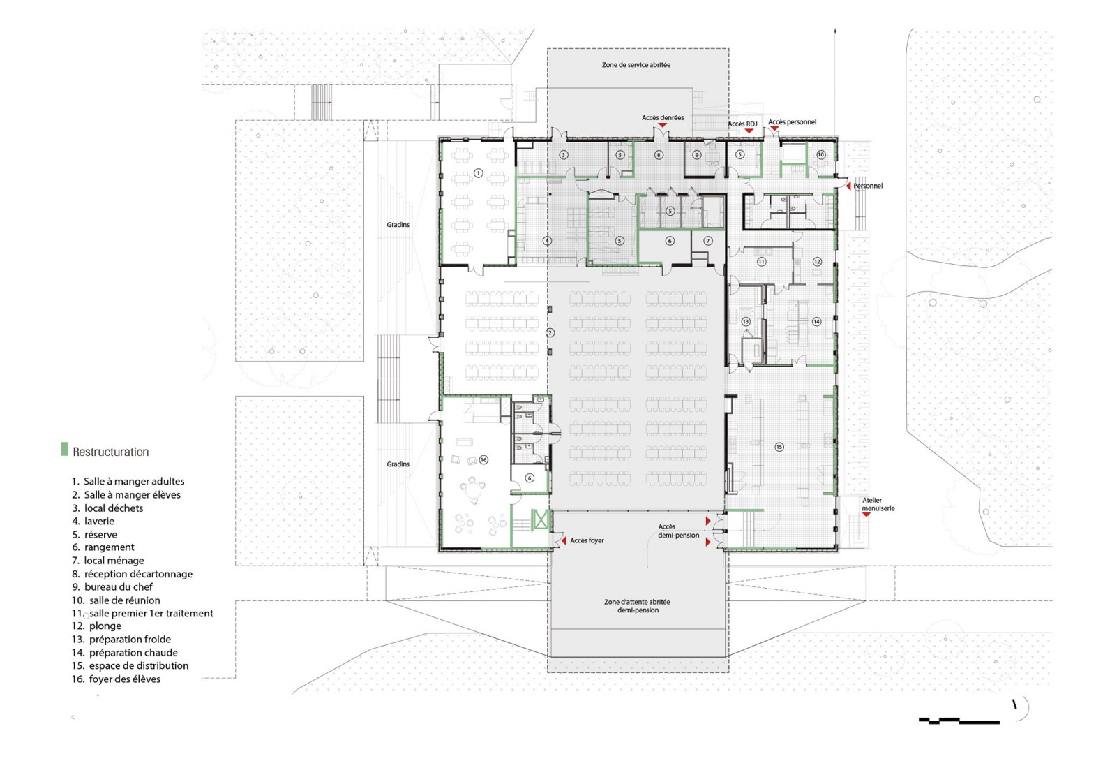 Ground floor plan. Joliot Curie High School Canteen Renovation by Ateliers O-S architectes.