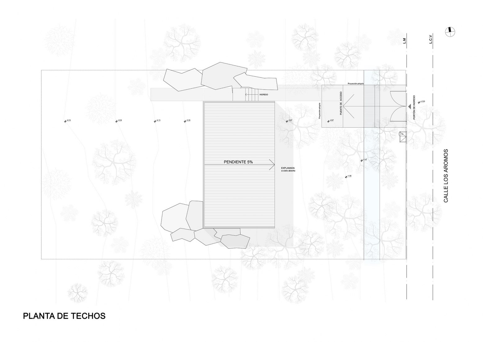 Plano de planta de cubiertas. Casita en el Rio por Pablo Senmartin Arquitectos.