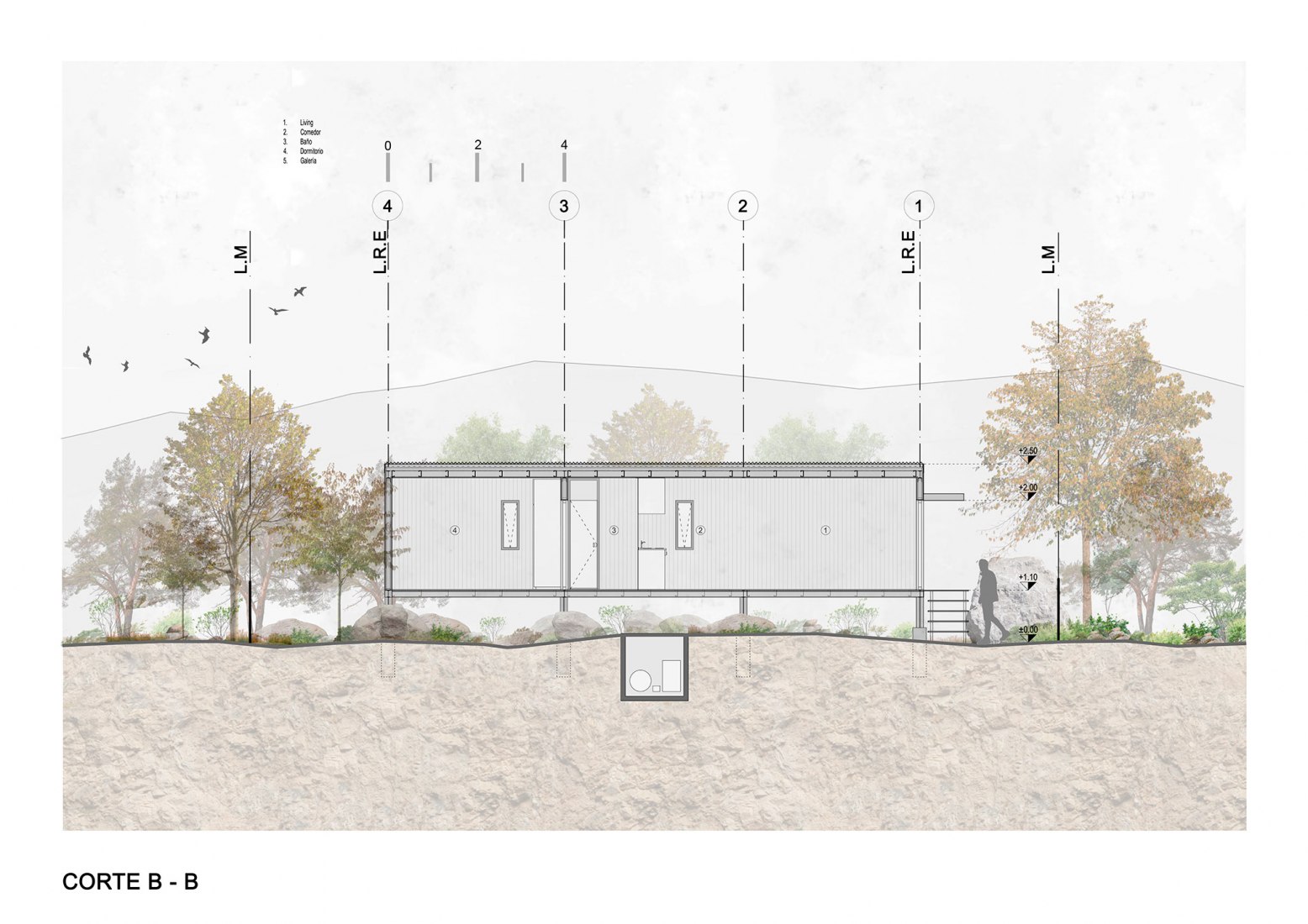 Sección longitudinal. Casita en el Rio por Pablo Senmartin Arquitectos.