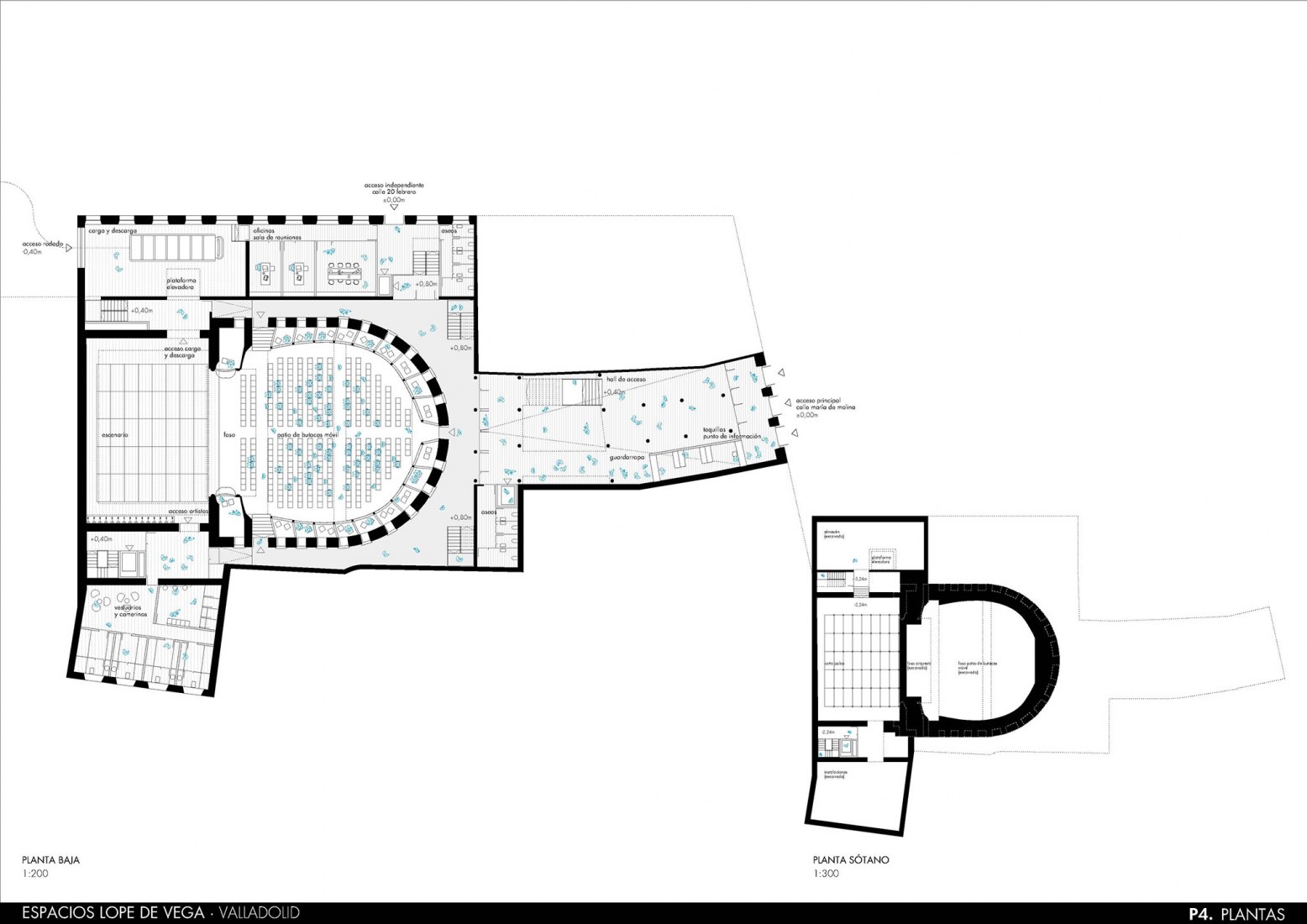 Plano planta baja. Rehabilitación del Teatro Lope de Vega por Paredes Pedrosa + Contextos de Arquitectura y Urbanismo.