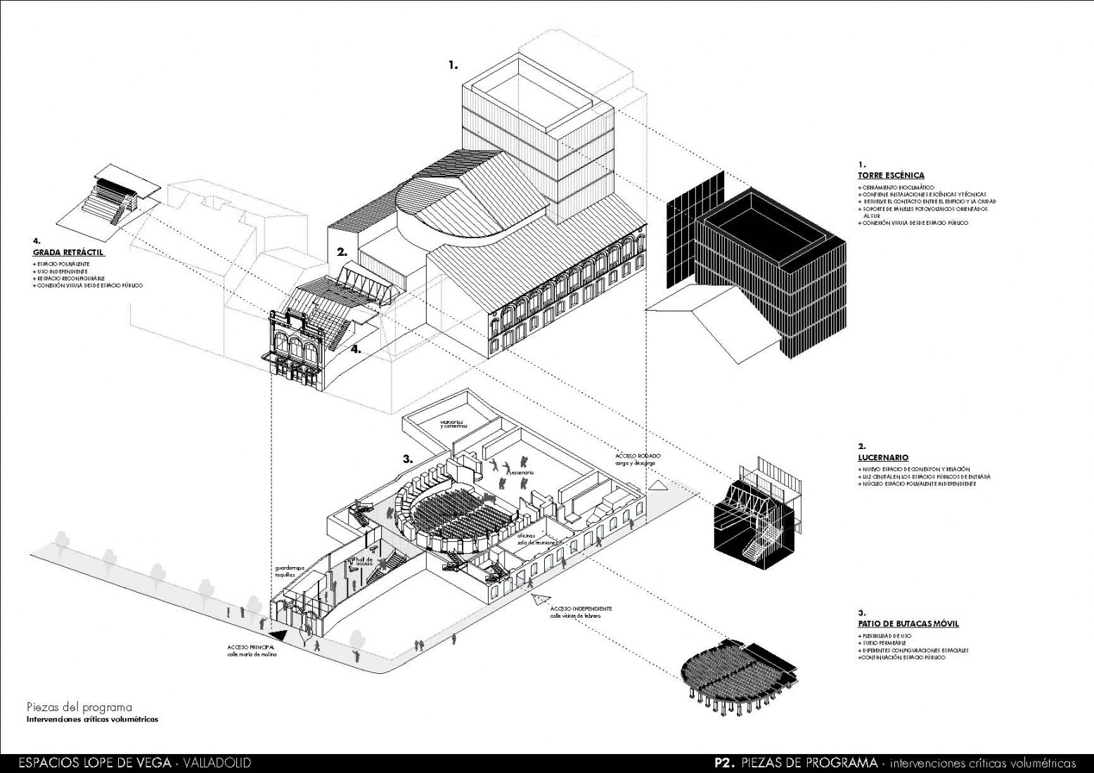 Axonometría. Rehabilitación del Teatro Lope de Vega por Paredes Pedrosa + Contextos de Arquitectura y Urbanismo.