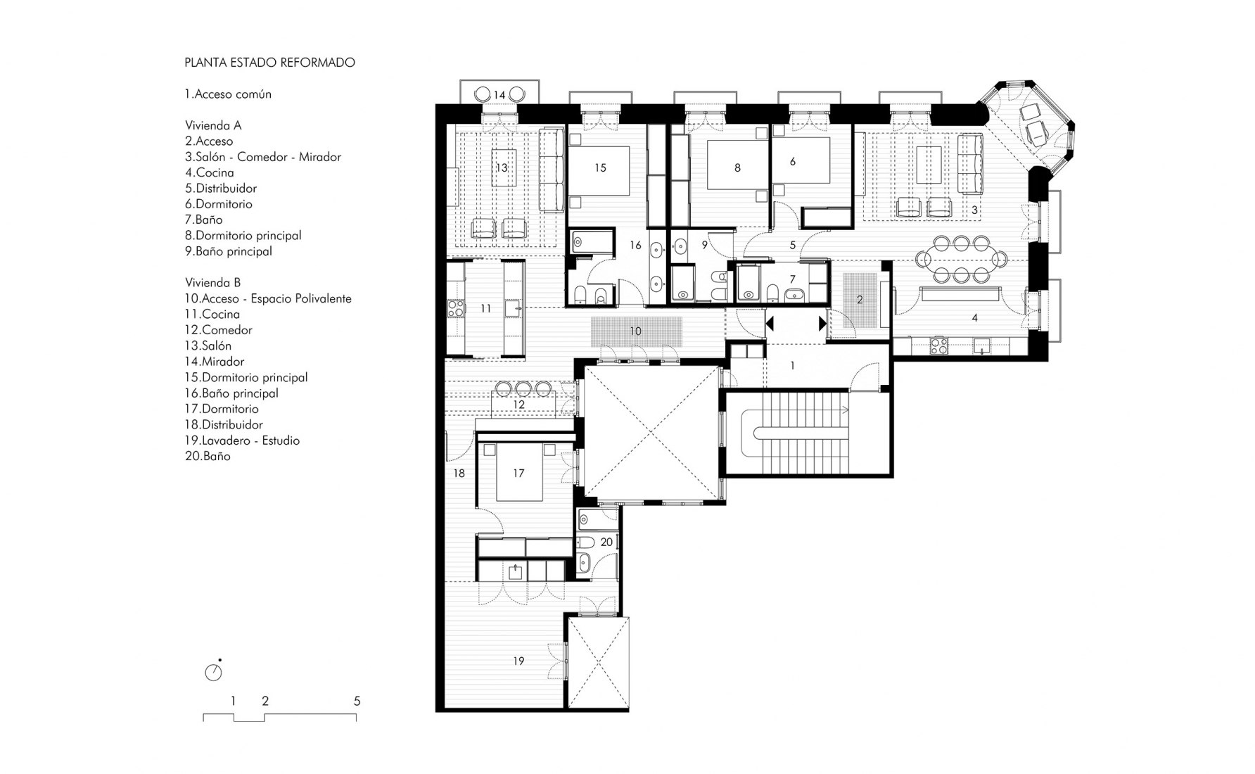 Planta reformada. Dos apartamentos Elkano por Pauzarq.