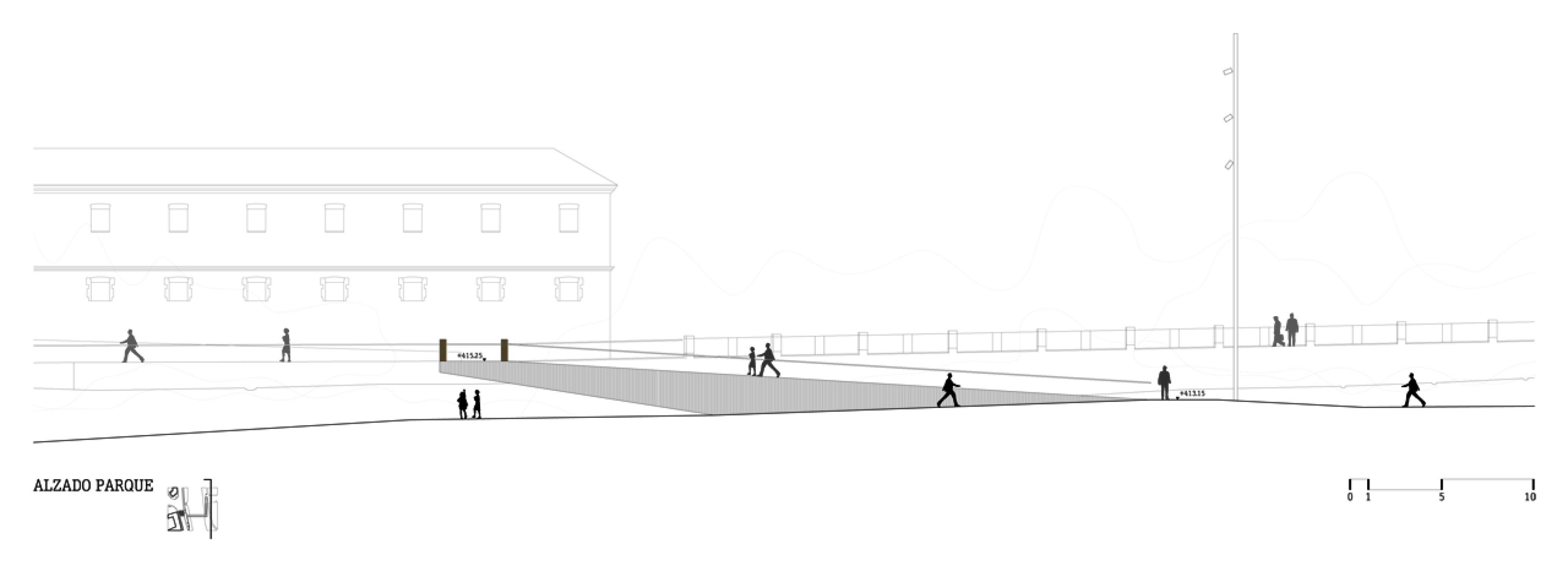 Park elevation. Pedestrian bridge and Community gardentool sheds in the Aranzadi Park by Peralta Ayesa arquitectos.