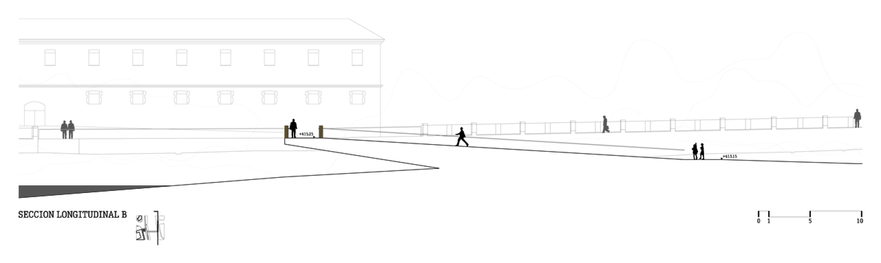Longitudinal section B. Pedestrian bridge and Community gardentool sheds in the Aranzadi Park by Peralta Ayesa arquitectos.