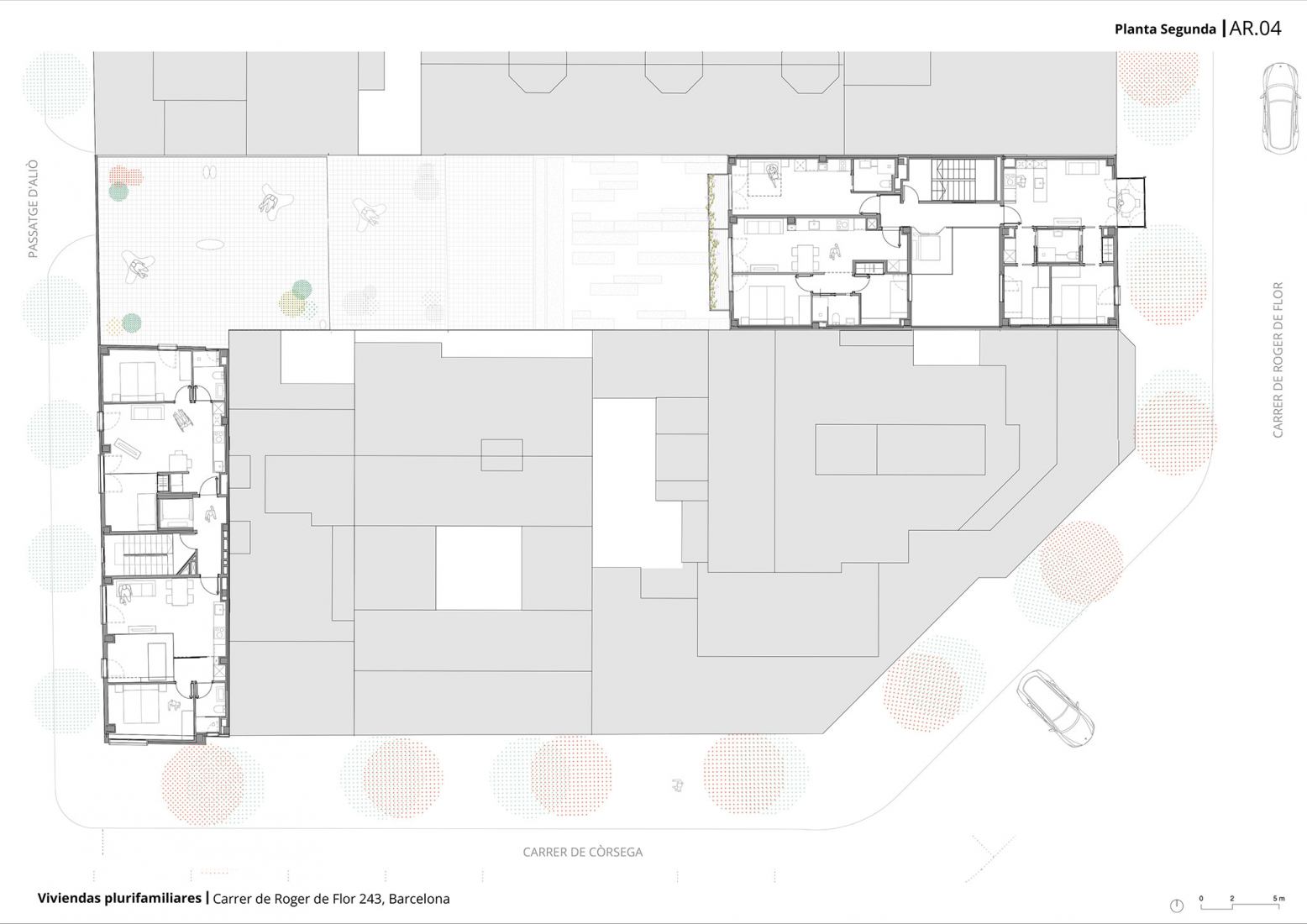 Plano segunda planta. Edificio de viviendas en Calle Roger de Flor por Pich-Aguilera Arquitectes.