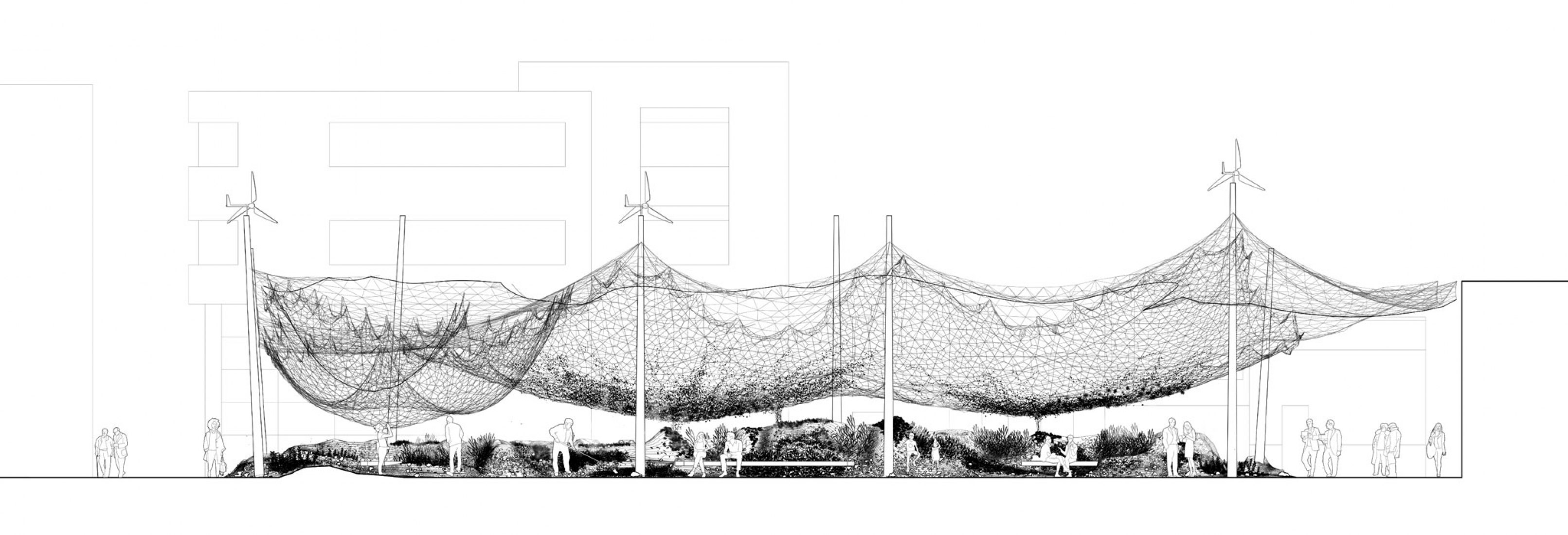Section. Tephra, project winner of the contest reTHINKING Competitions. Courtesy by Díaz + Ramos