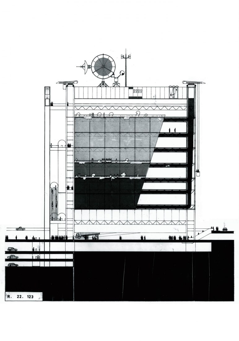 Dibujo original del concurso, dibujado por Gianfranco Franchini y Renzo Piano. Centro Pompidou por Renzo Piano y Richard Rogers. Fotografía cortesía estudio Rogers Stirk Harbour + Partners