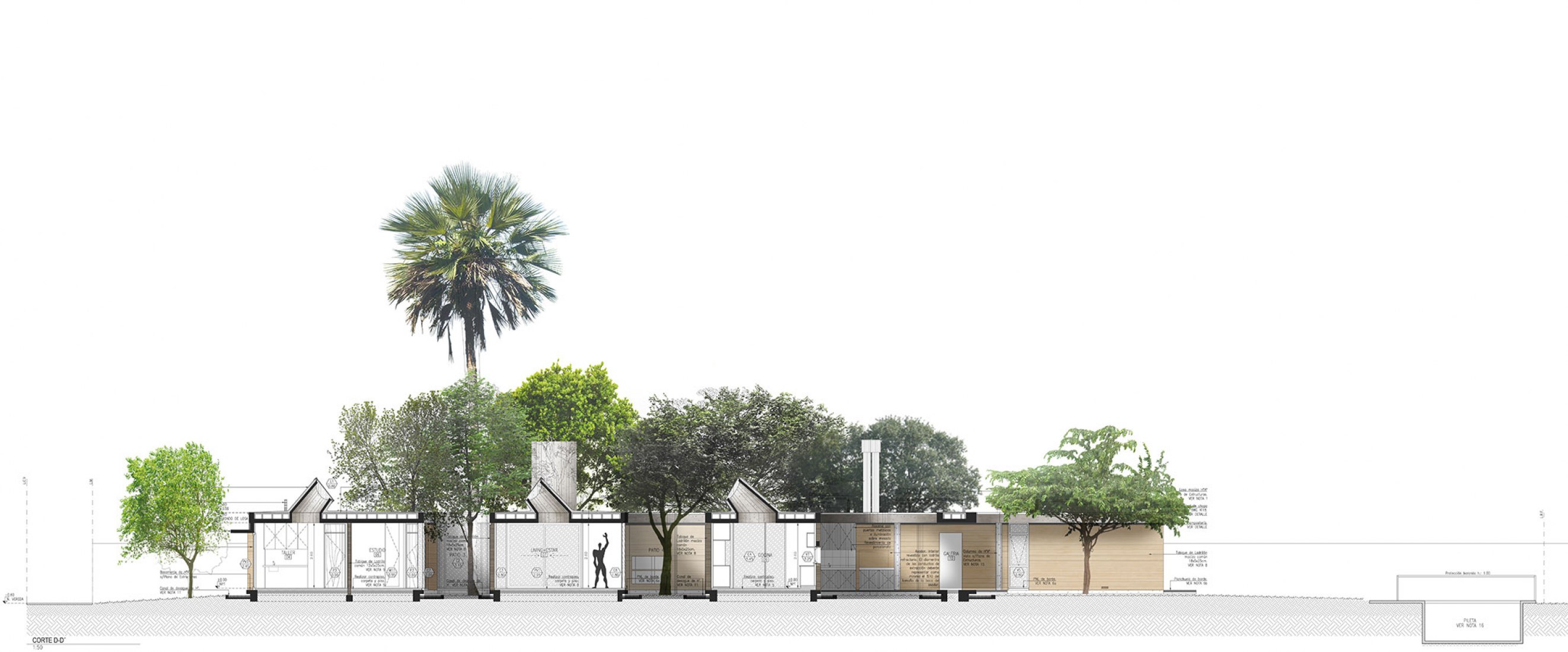 Sección longitudinal. Casa Las Marías por Santiago Viale y Asociados.