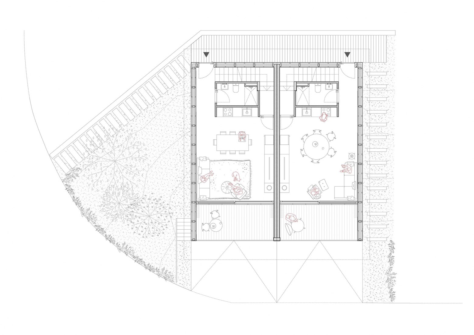 Ground floor plan. Two houses in Vidrà by SAU Taller d'Arquitectura.