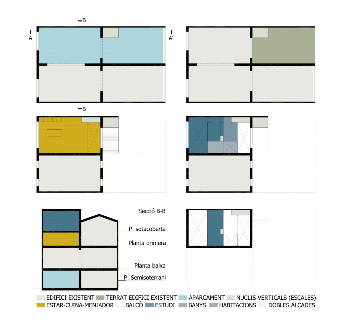 Diagrama de plantas y secciones. Casa Serra Cavallera por Sau Taller d'Arquitectura 