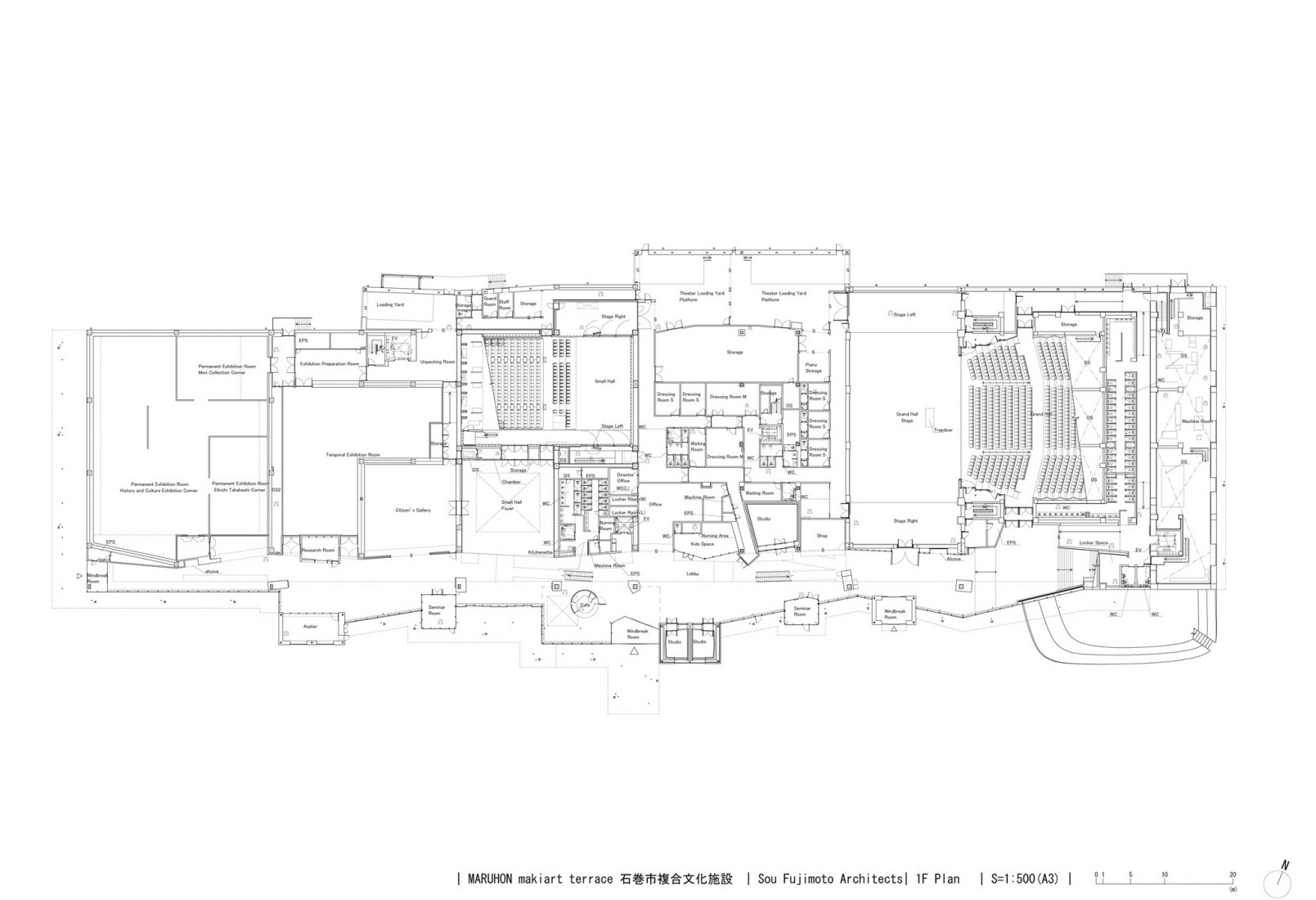 First floor plan. Maruhon MakiArt Terrace - Ishinomaki Cultural Centre by Sou Fujimoto.