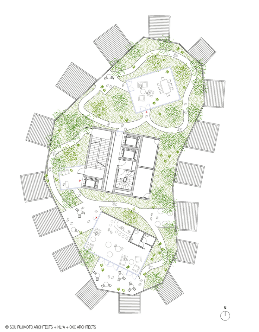 Rooftop plan. Copyrights: SOU FUJIMOTO ARCHITECTS + NICOLAS LAISNE ASSOCIES + MANAL RACHDI OXO ARCHITECTS+ FRANCK BOUTTE CONSULTANTS.