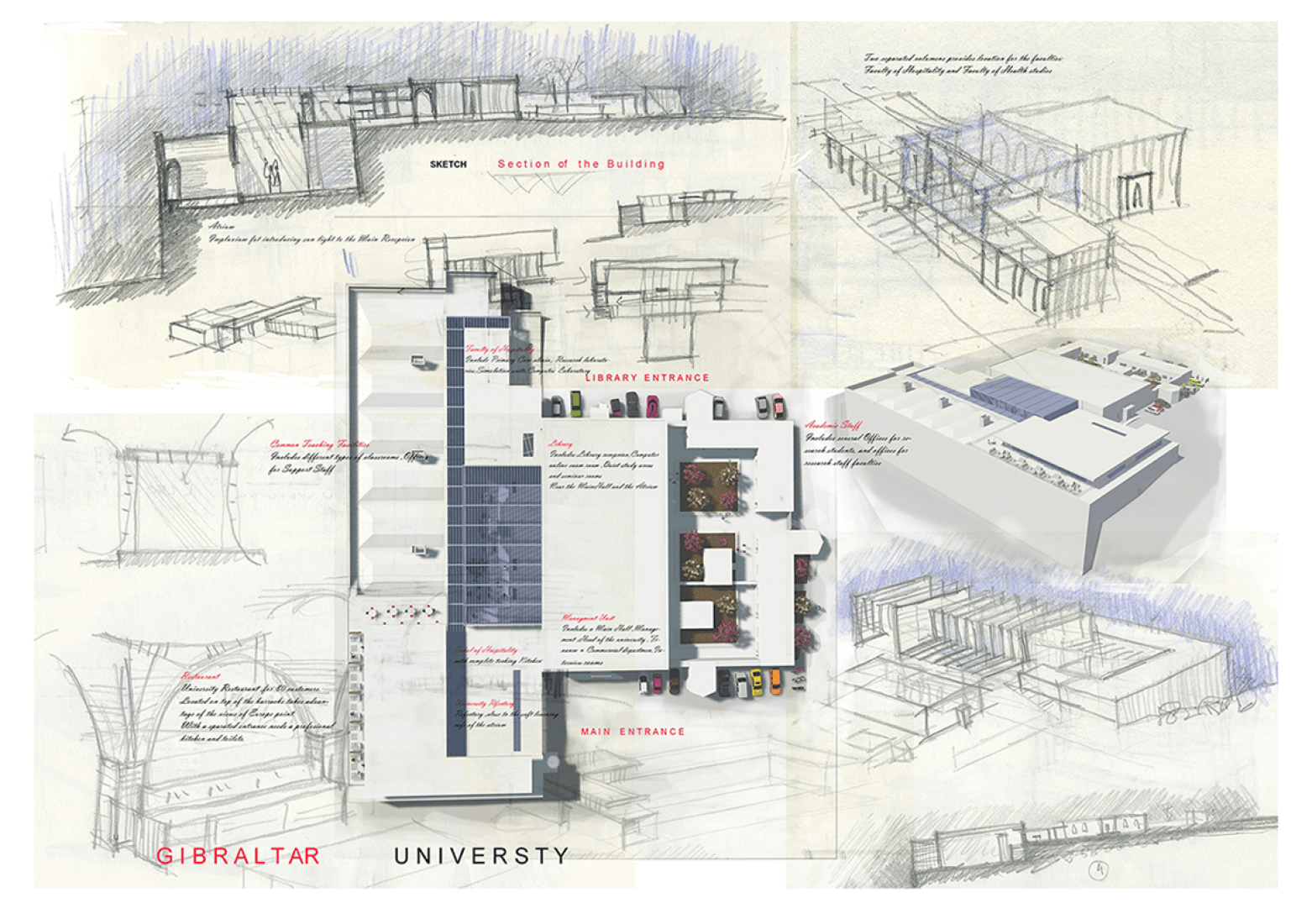 Bocetos. Universidad de Gibraltar por Xavier Ozores. Señala encima de la imagen para verla más grande.