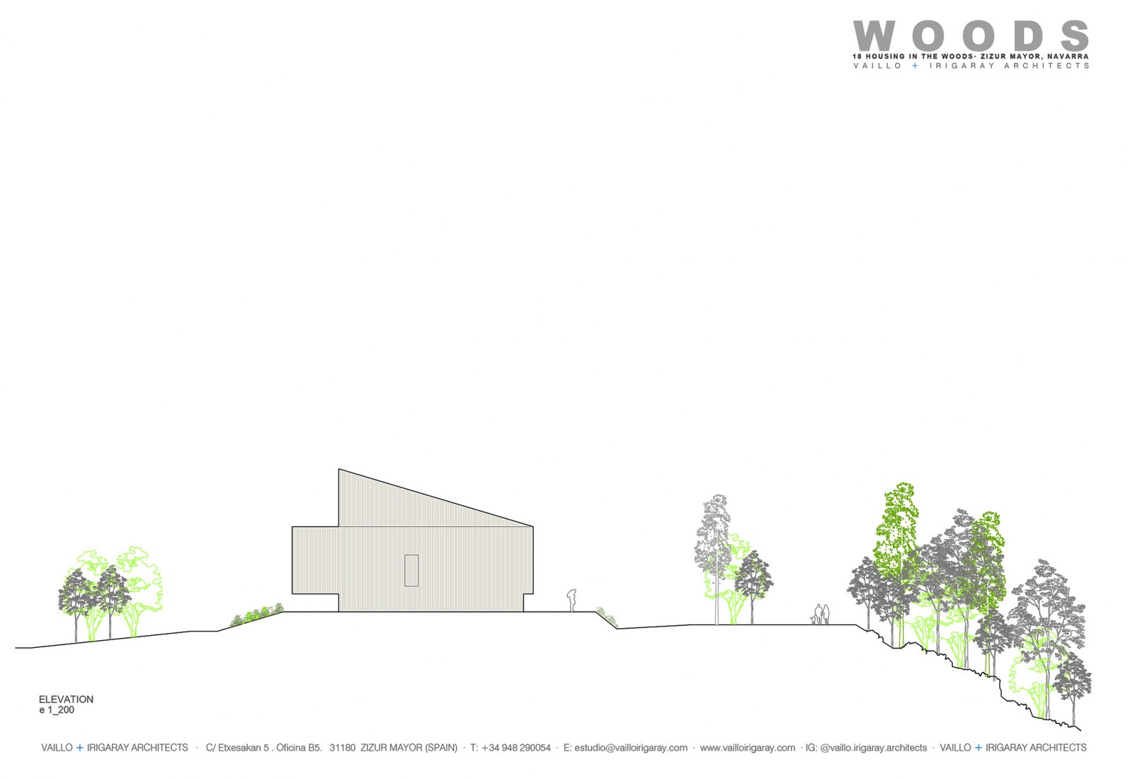 Elevation of Housing in the woods by Vaillo+Irigaray Architects.