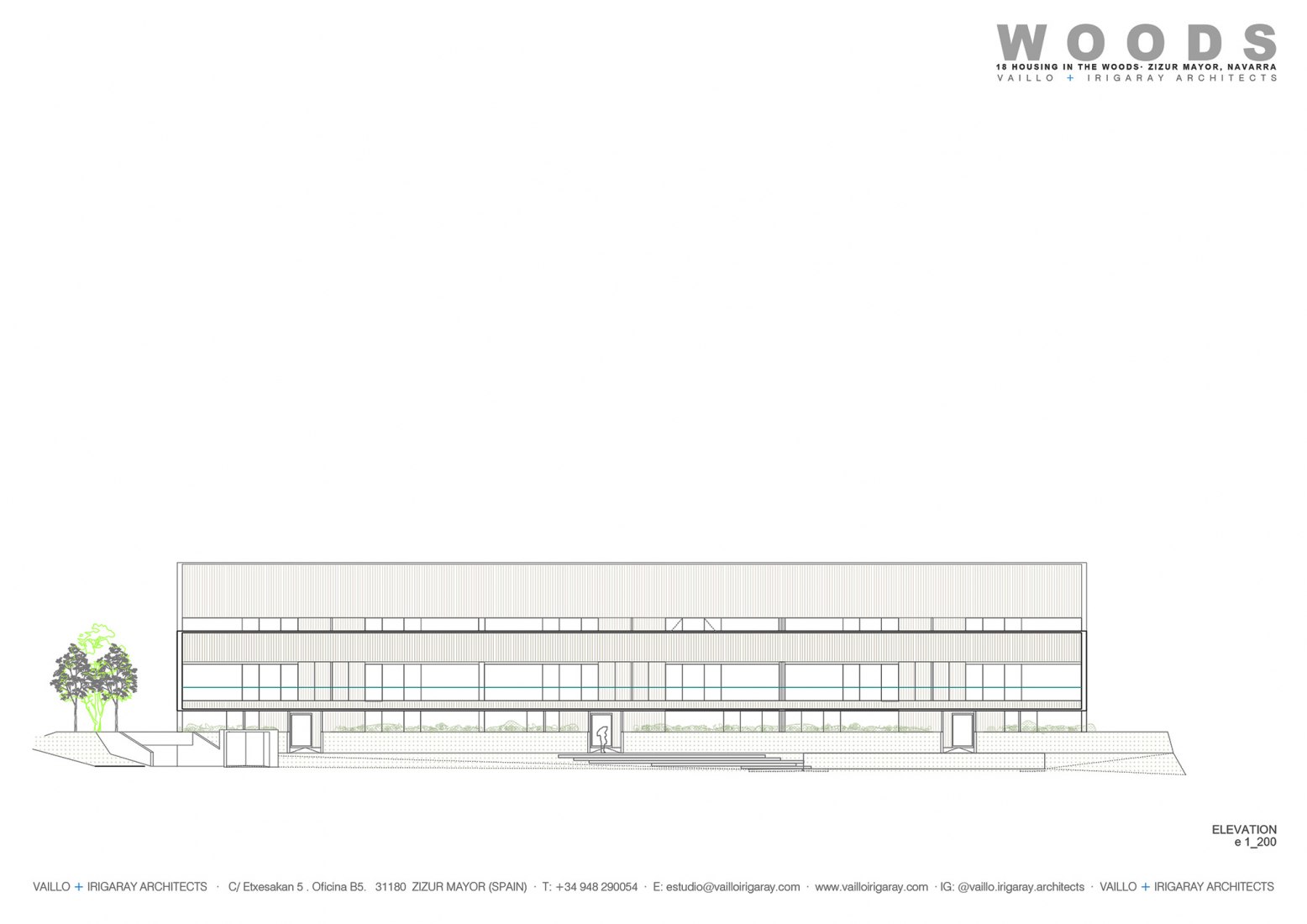 Elevation of Housing in the woods by Vaillo+Irigaray Architects.
