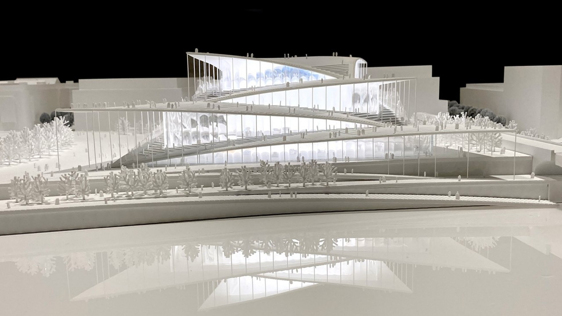 Model picture. Winning entry for Vltava Philharmonic by BIG.