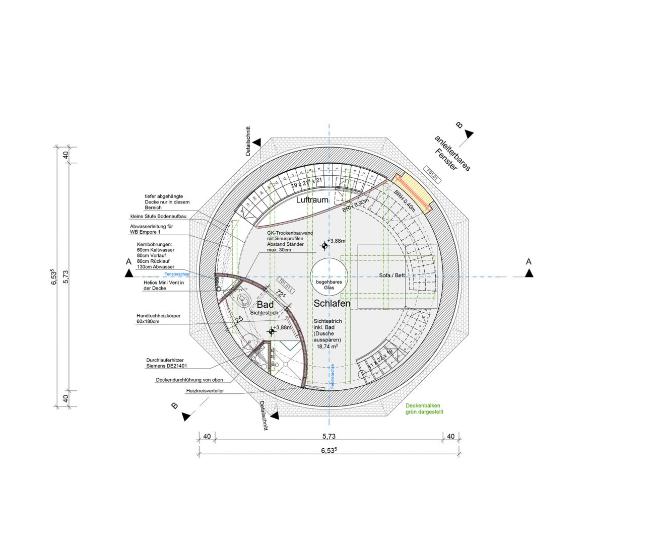 First floor plan. Water tower rehabilitation in Potsdam by Wirth Alonso Architekten.