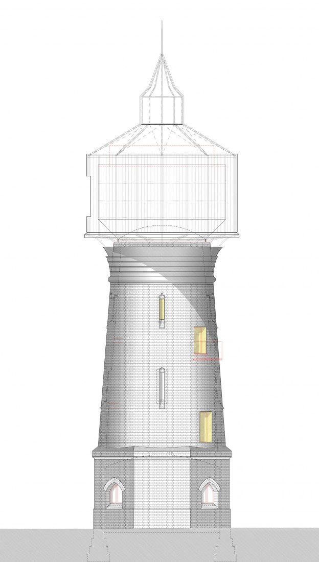 Southeast elevation. Water tower rehabilitation in Potsdam by Wirth Alonso Architekten.