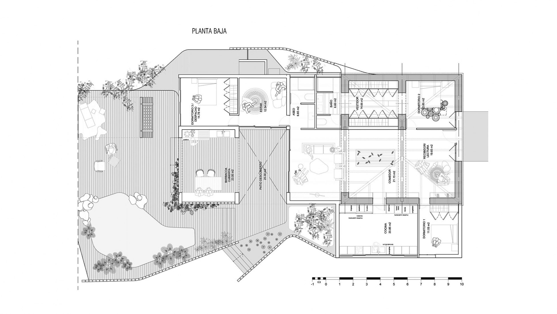 Plano de planta baja. Casa en la Huerta por WOHA Arquitectura