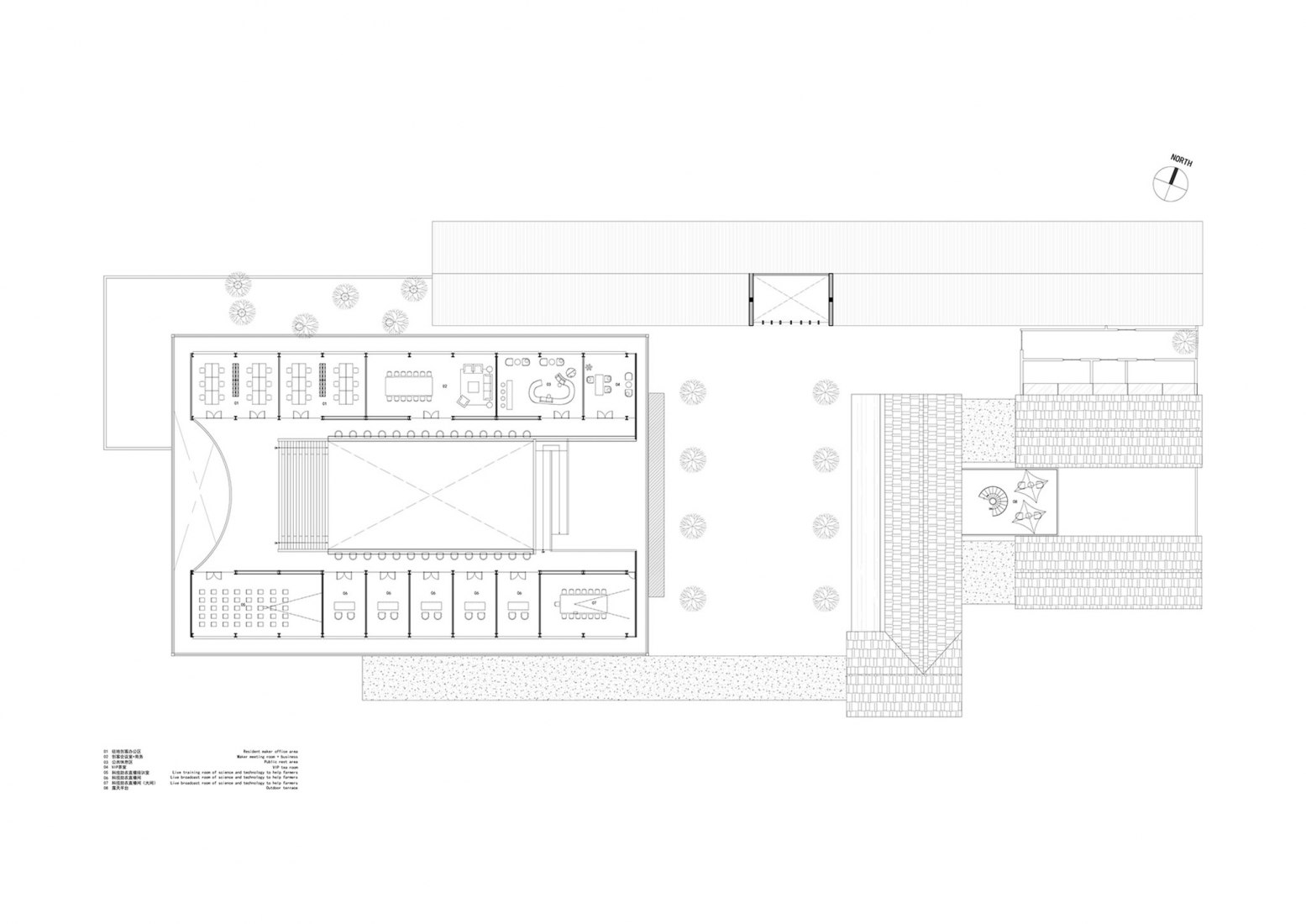 Plano de primera planta. Centro de Vida Rural del Futuro por y.ad studio.