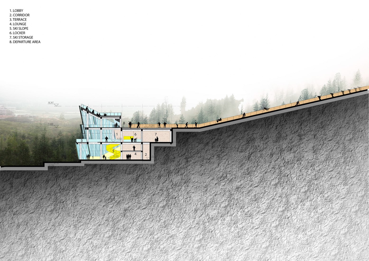 Sección transversal. La silueta de la montaña de Yunmen por ATAH. 