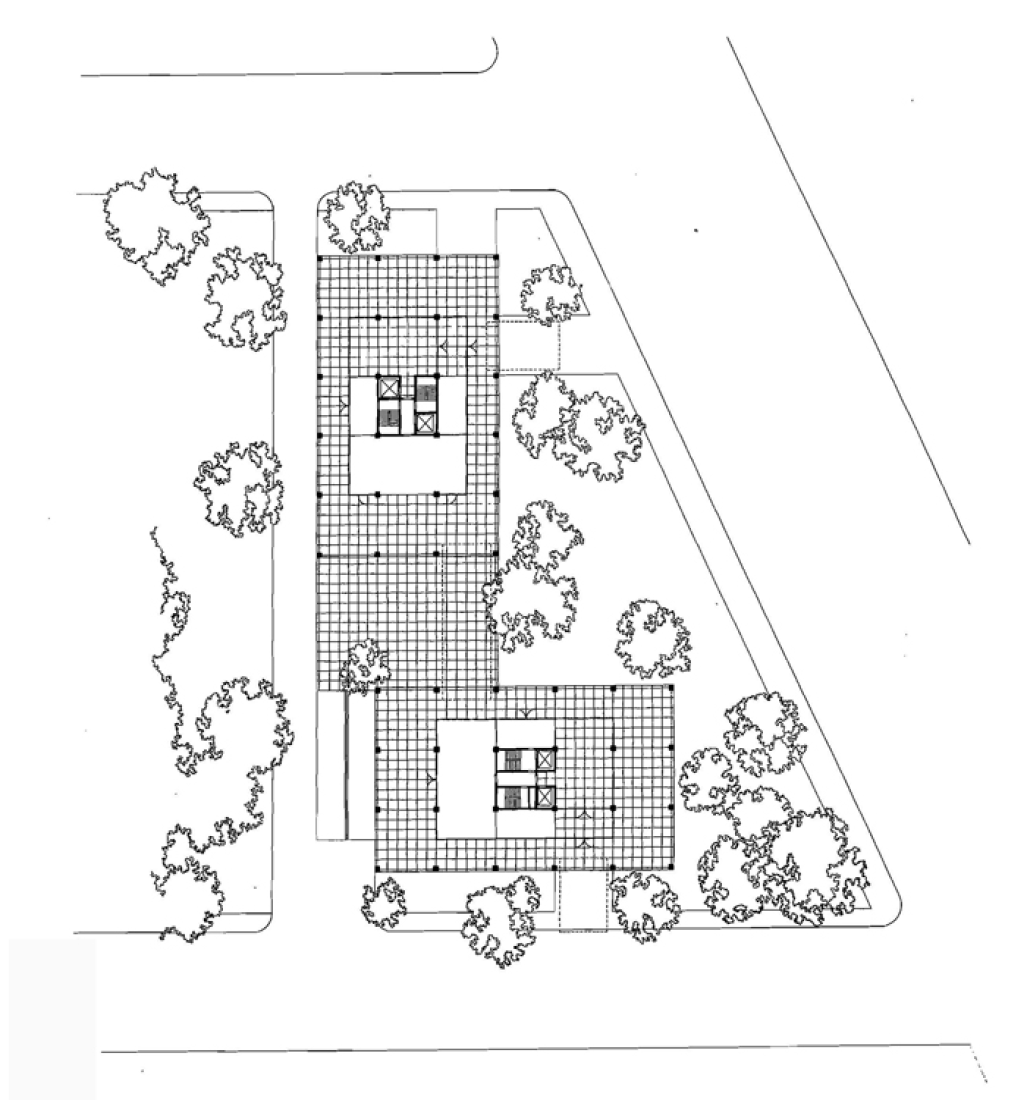 Plano de situación del proyecto realizado por Mies van der Rohe para los Apartamentos 860-880 de Lake Shore Drive en Chicago.