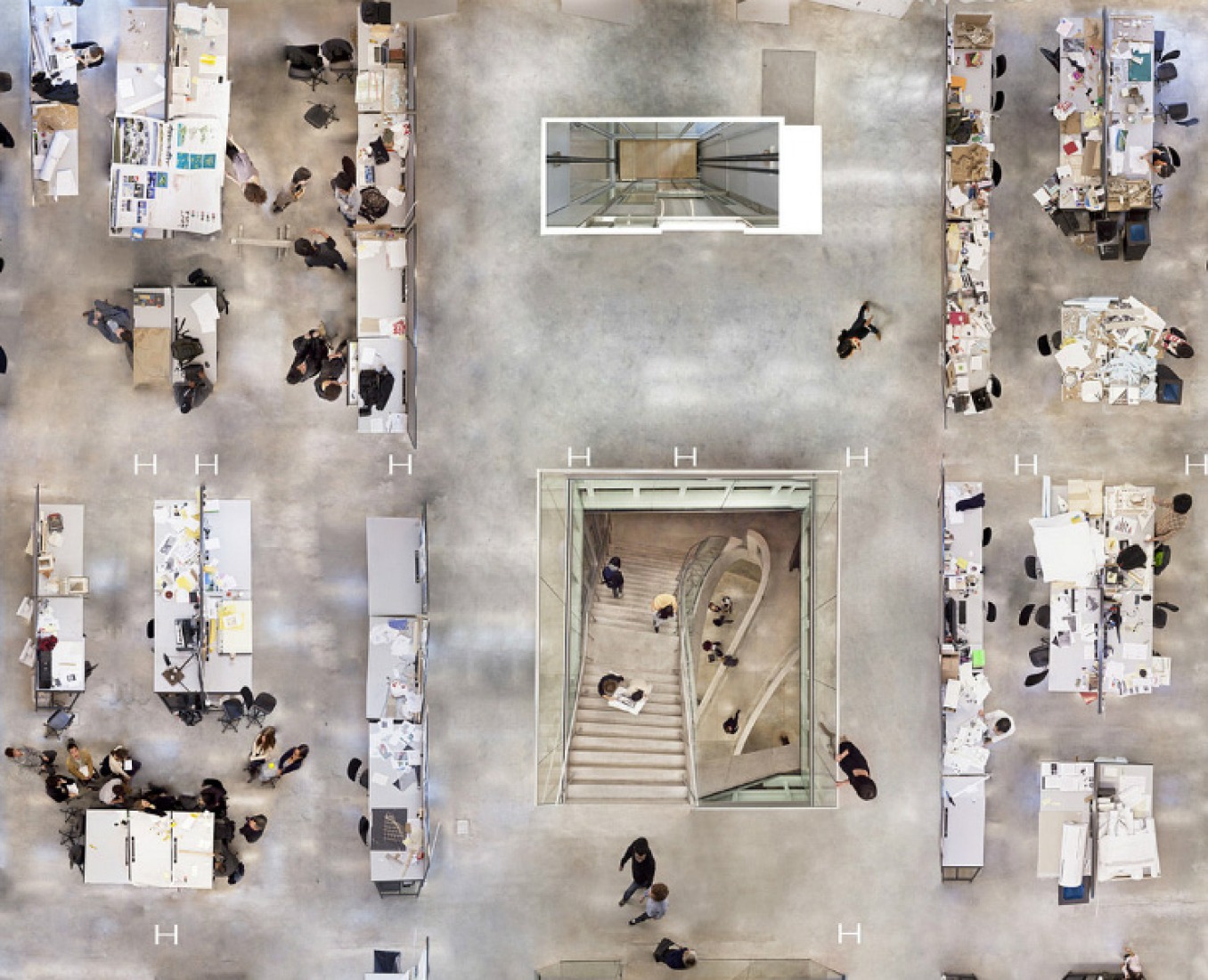 Detail with workshops and central area. Milstein Hall Studios. Cornell College of Architecture, Art and Planning. Photograph © Brett Beyer.