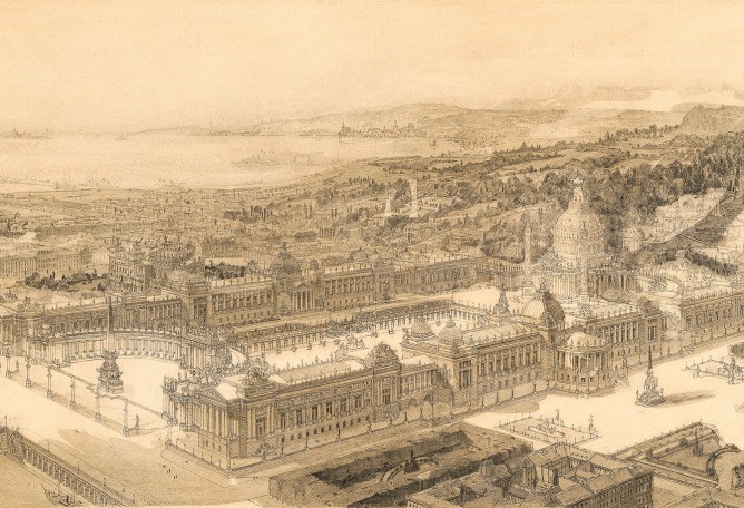 Otto Wagner, The “Artibus” ideal city project, bird’s-eye view, 1880. Pencil, pen, 74,8 × 131 cm. Wien Museum, Inv. 57.148.