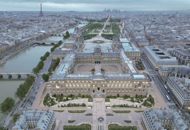 Vista aérea del eje histórico de París, propuesta de STUDIOS Architecture Paris y Selldorf Architects. Visualización por Vincent Atelier.