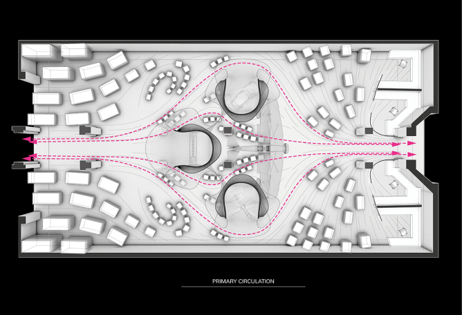 A plan diagram of the Mathematics Gallery. The gallery layout follows the Handley Page aeroplane’s turbulence field. Credit: Zaha Hadid Architects. Image courtesy of Science Museum.