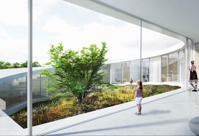 Vista interior desde el pasillo. Villa Gug por BIG. Imagen © BIG-Bjarke Ingels Group.