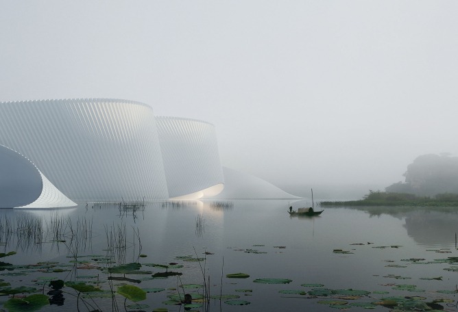 The undulating form of the museum emerges from the banks of Yanzi Lake. Rendering. New Shenzhen Natural History Museum by 3XN Architects, B+H, and Zhubo Design. Rendering by 3XN