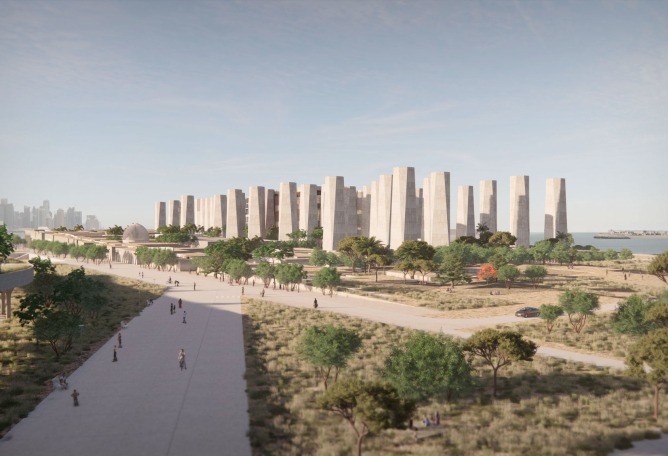 View from the South entrance of the Museum (Doha, Qatar), 2022. Art Mill Museum by Elemental. Image courtesy of Qatar Museums.