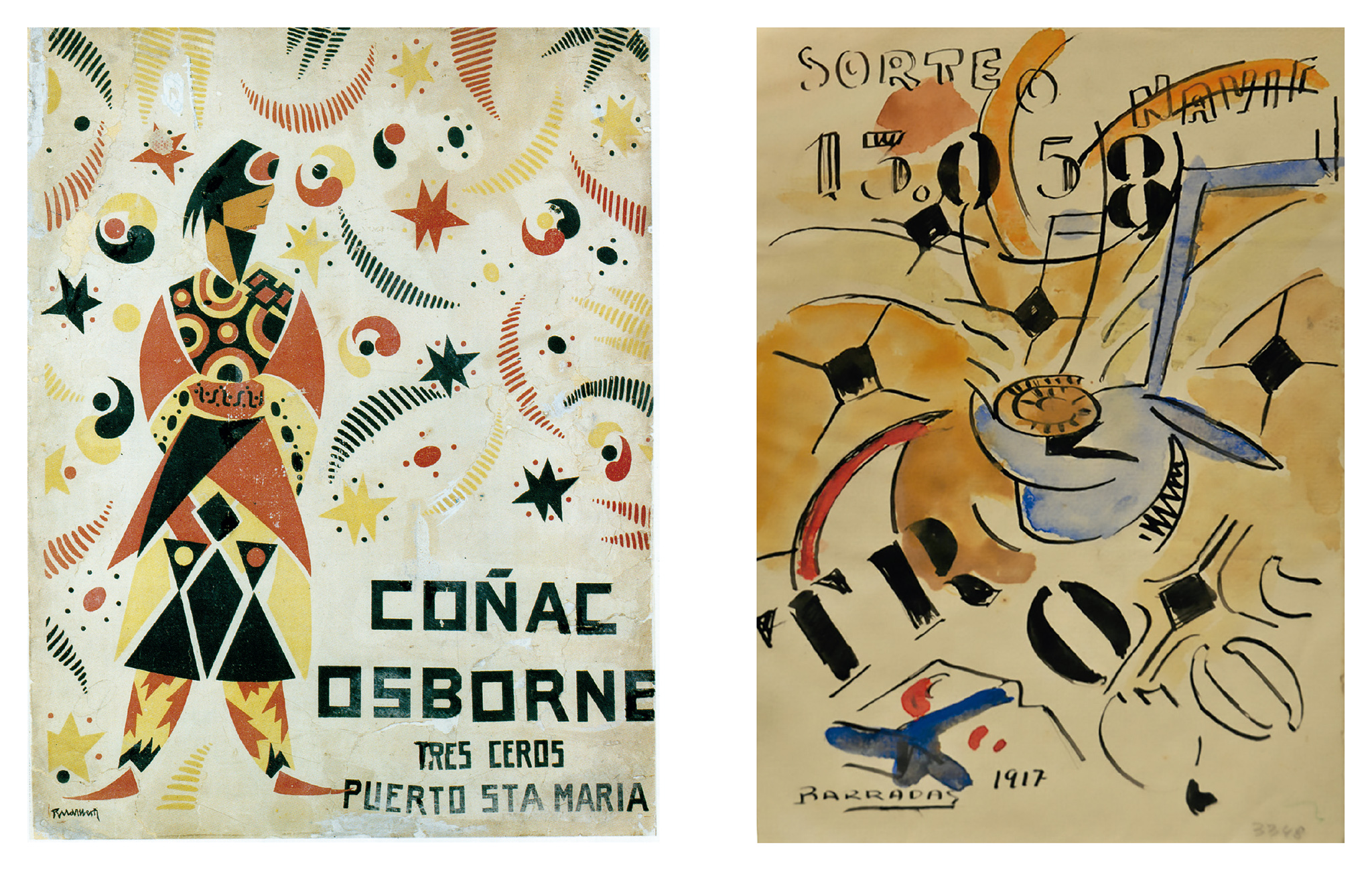 Rafael Alberti, Cartel de Coñac Osborne Tres Ceros. Gouache sobre papel, 44 x 39 cm, 1920-1922. (Fundación Gregorio Prieto, Valdepeñas.) /  Rafael Barradas, Acuarela. Acuarela sobre papel, 24 x 17 cm, 1917. (MNAV, Montevideo.)