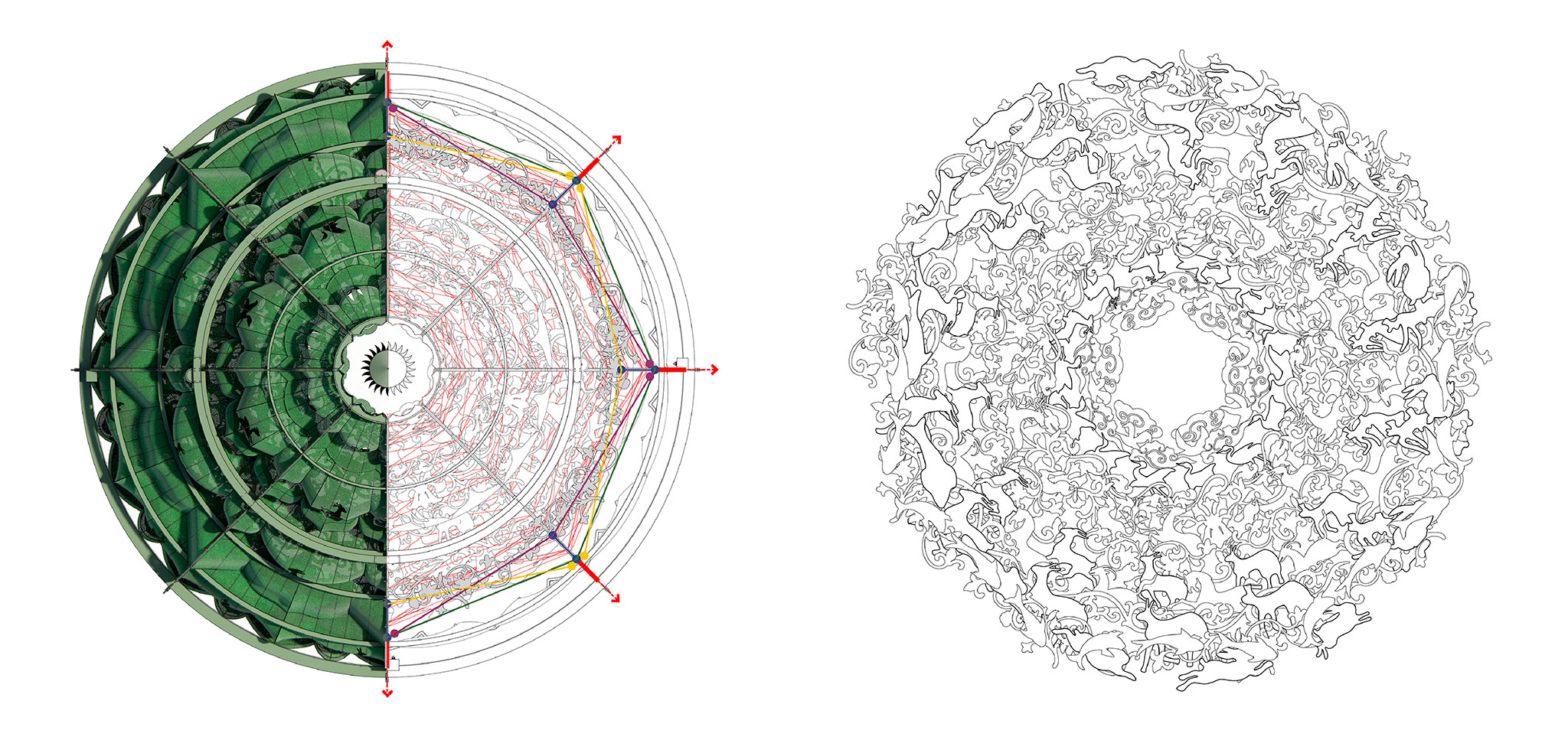 Diagram of Structural Layout and Line Drawing of the Rotating Circular Totem. Photograph by Pills Architects.