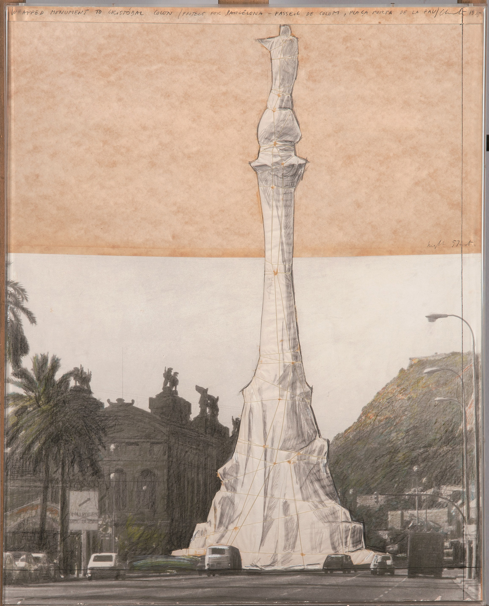 Christo and Jeanne-Claude. Wrapped monument to Cristobal Colon (Project for Barcelona-Passeig de Colom, Plaça Porta de la Pau), 1975. Graphite, charcoal, cardboard, fabric, and thread on paper. 72 × 56.5 × 4 cm (28 ⅜ × 22 ¼ × 1 ⅝ inches) (framed). Courtesy by Christo and Jeanne-Claude Foundation / Prats Nogueras Blanchard Barcelona/Madrid.