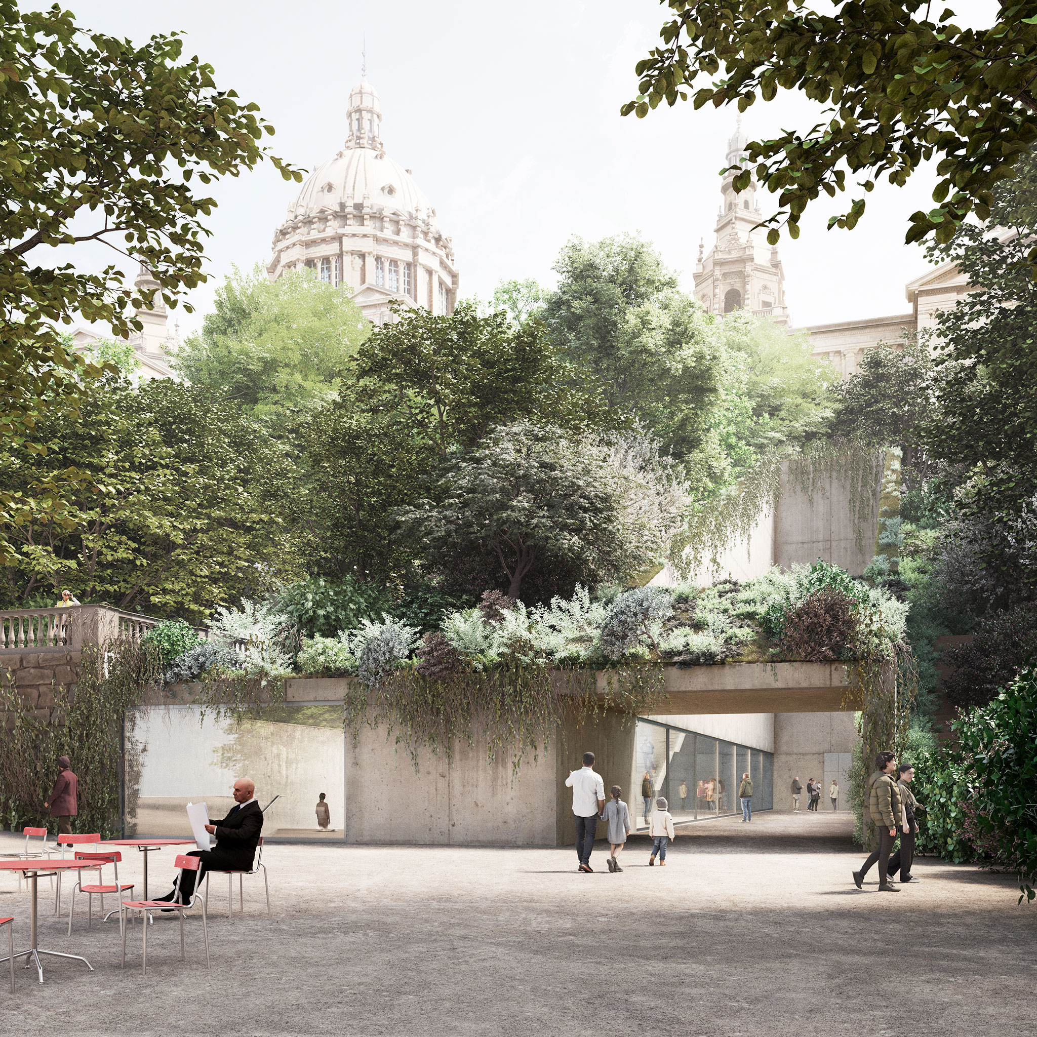 View of the connection between the two buildings from the Forestier promenade. Extension of the MNAC by Harquitectes and Christ & Gantenbein.