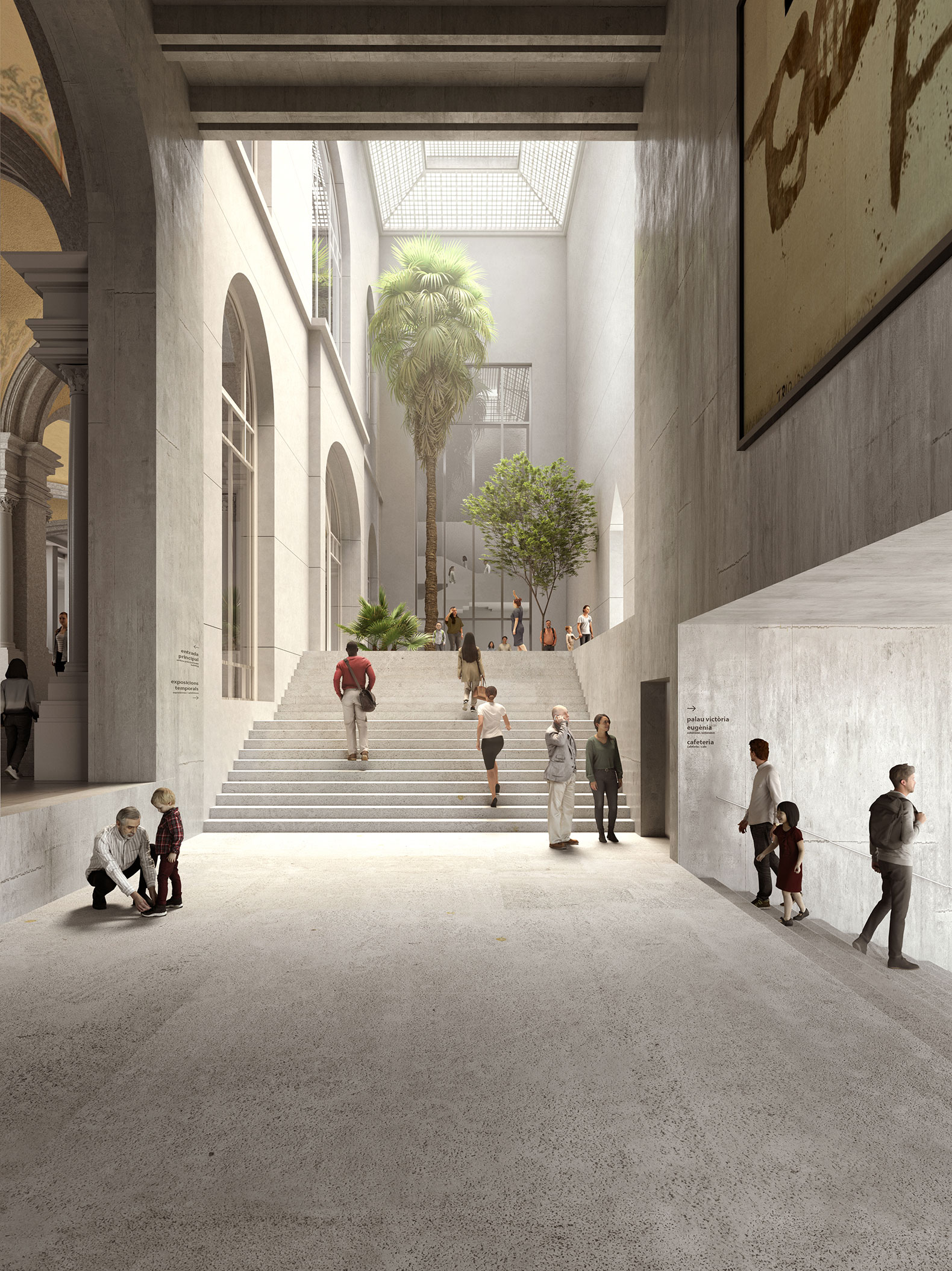 Vista del nuevo acceso al Palacio Nacional. Ampliación del MNAC por Harquitectes y Christ & Gantenbein.