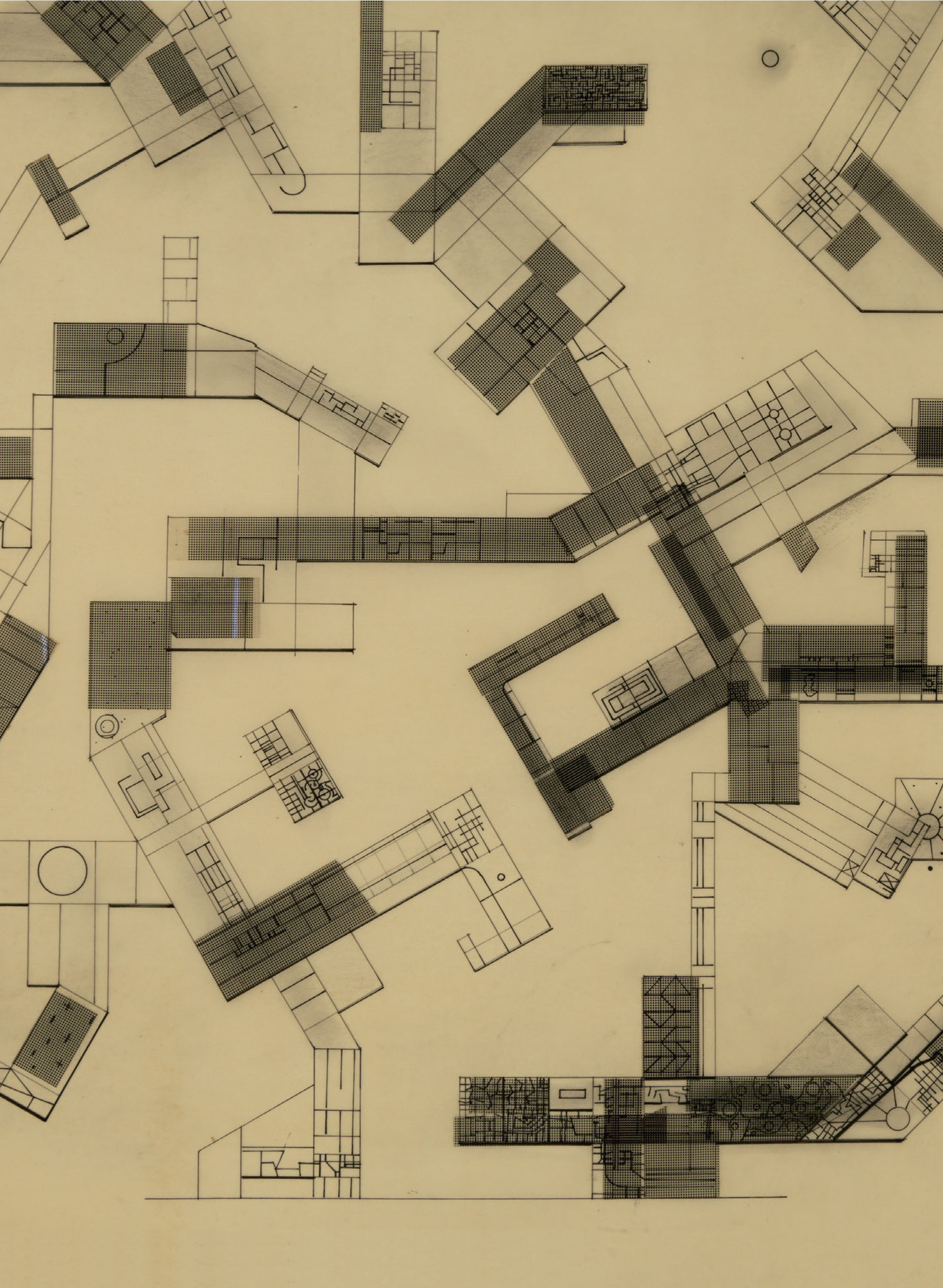 Constant, New Babylon, 1965, Drawing of a Group of Sectors, Collection Fondation Constant CID 986.