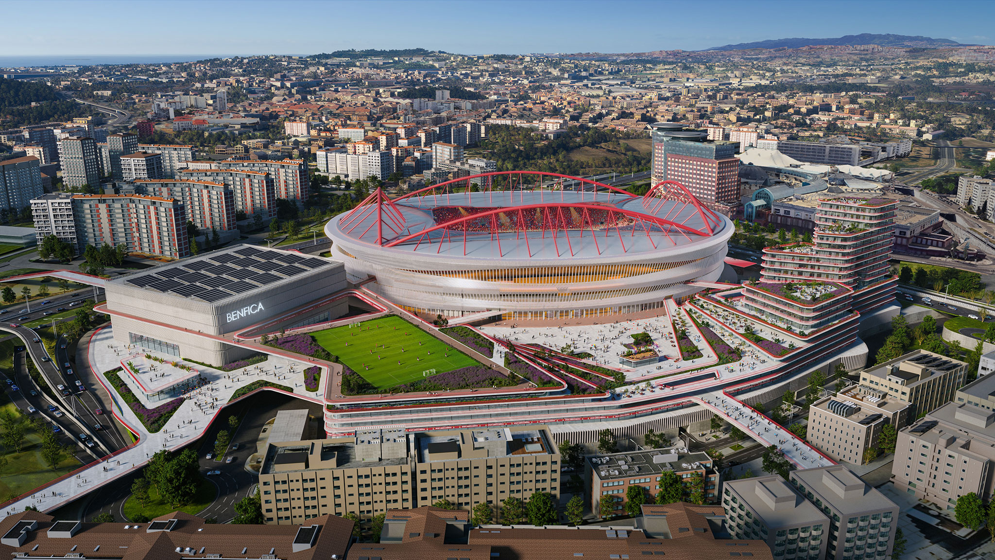 Plan director para el Estádio da Luz del S.L. Benfica por Populous y Saraiva + Associados. Visualización cortesía por Populous.