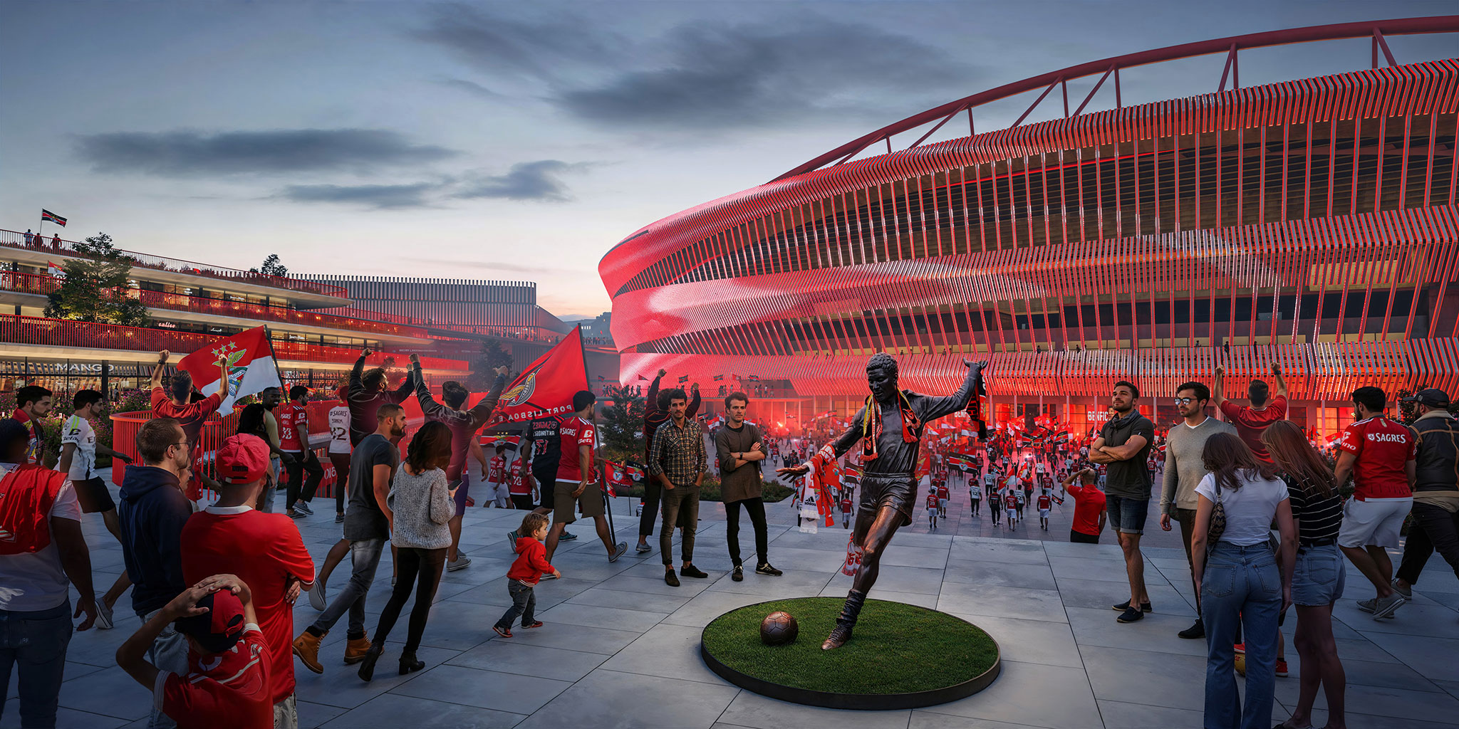 Plan director para el Estádio da Luz del S.L. Benfica por Populous y Saraiva + Associados. Visualización cortesía por Populous.