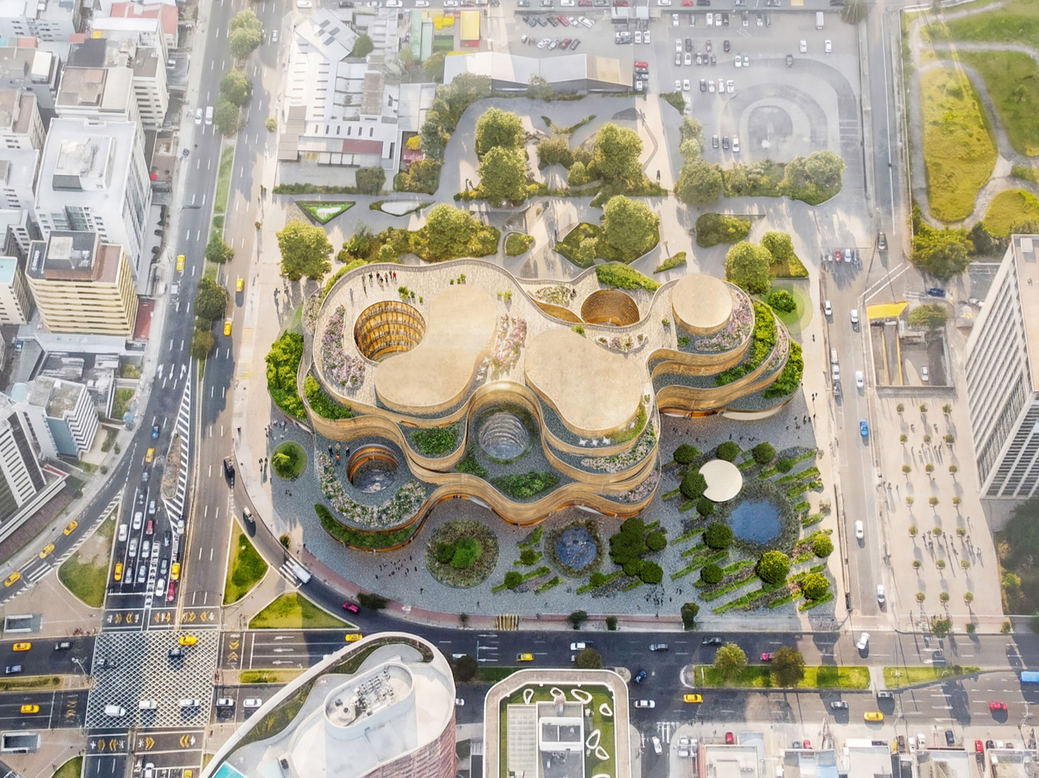 Propuesta ganadora en la fase final del concurso para proyectar el nuevo Museo Nacional del Ecuador. «Estratos Vivos», de SANAA junto con A0, CPA y JHS.